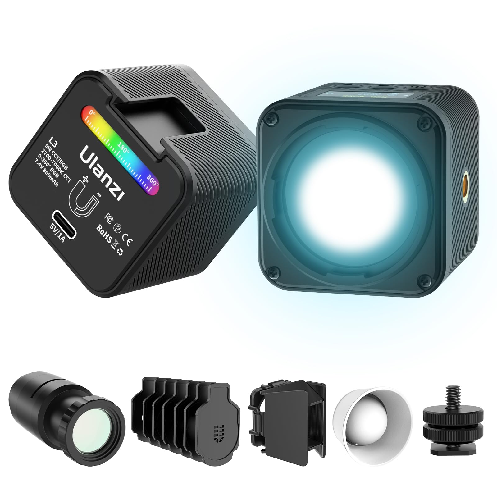 Ulanzi L3 Rgb Led Video Light, Waterproof Camera Lighting Kit 2700K 7000K Mini Cube Cob Light Dimmable Fill Magnetic Photography