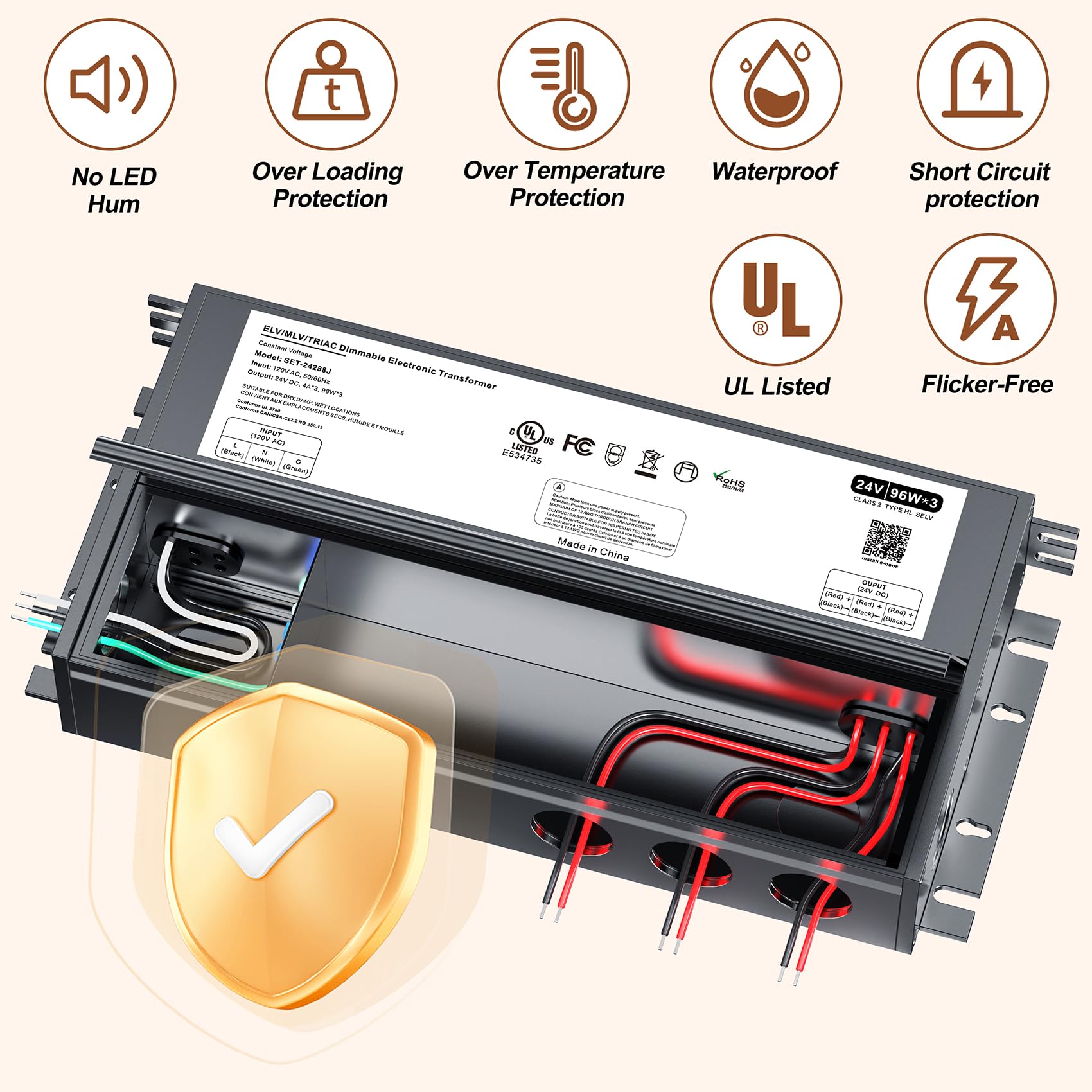 288W Dimmable Led Driver 24V With Junction Box,Triac Elv/Mlv Led Transformer Compatible With Lutron&Leviton Switches,Dimmable Le