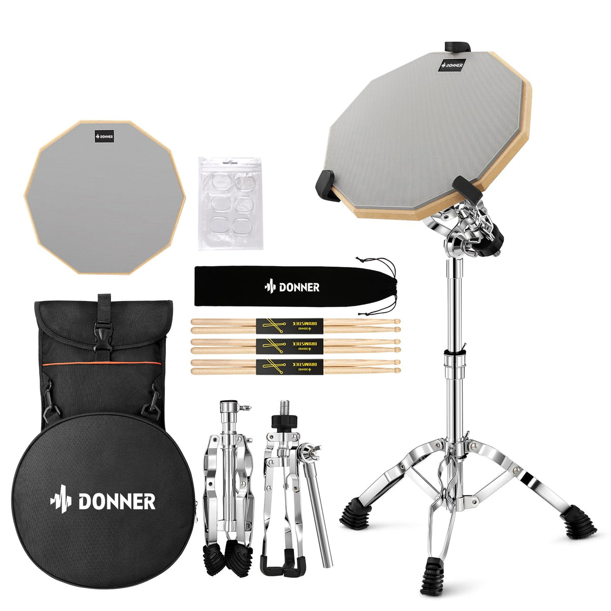 Donner Snare Drum Stand Set With Drum Practice Pad, 12 Double-Sided Silent Drum Pad Set, Drumsticks, Backpack Adjustable Stand F