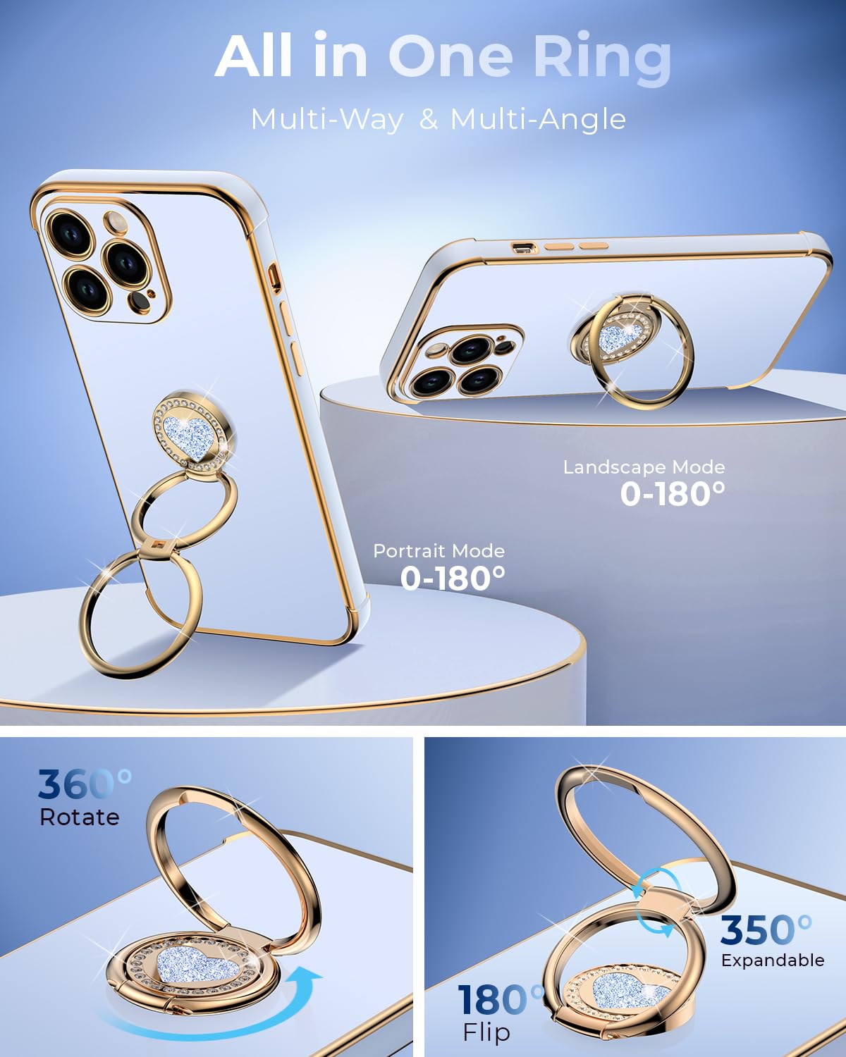 Xyz For Iphone 14 Pro Case With Stand, Phone Case With Double Ring Kickstand, Women Girl Cute Love Heart Luxury Bling Protective