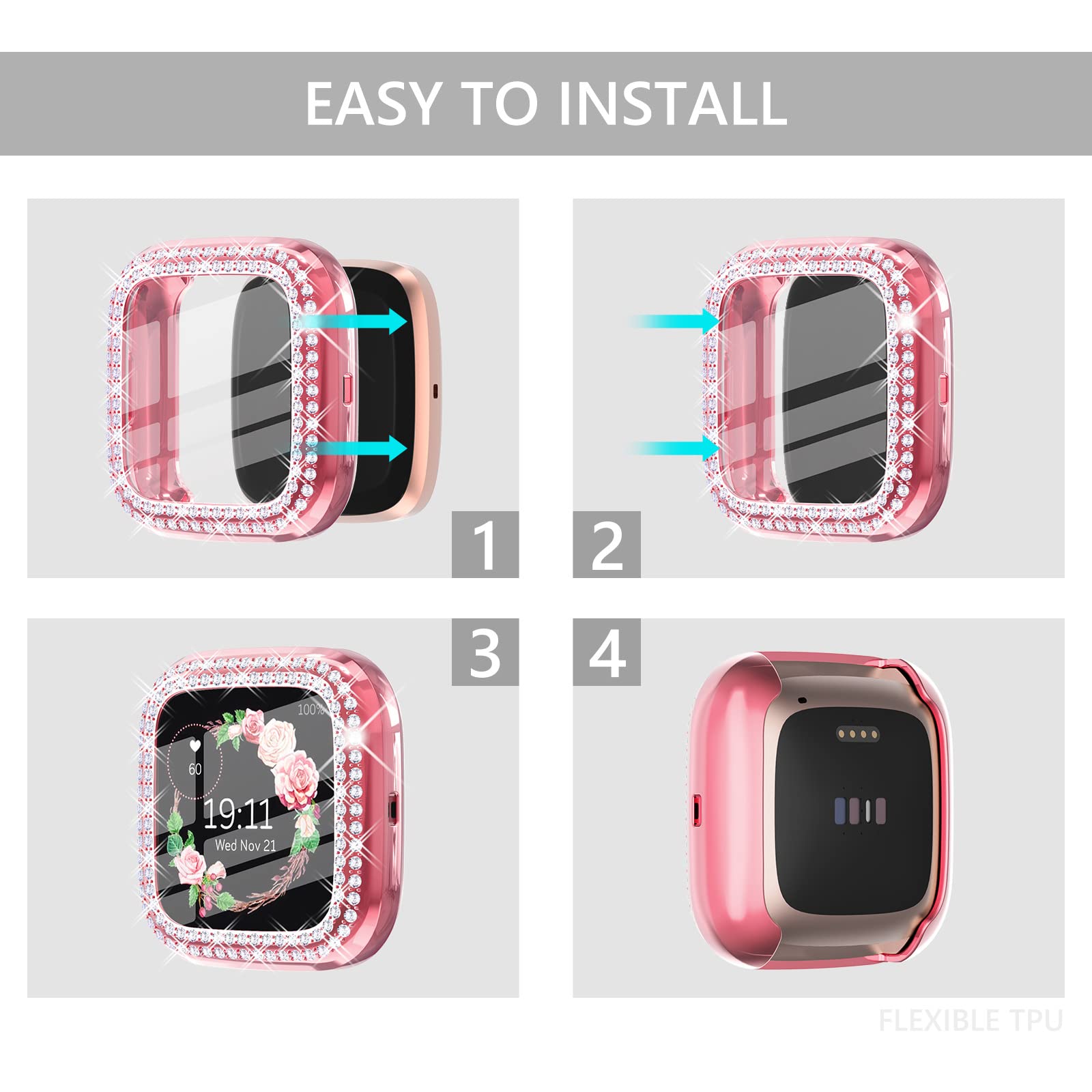 Chanchy 4 Pack Compatible With Fitbit Versa 2 Screen Protector Case, Soft Tpu Full Protective Case Cover Bumper Bling Crystal Di