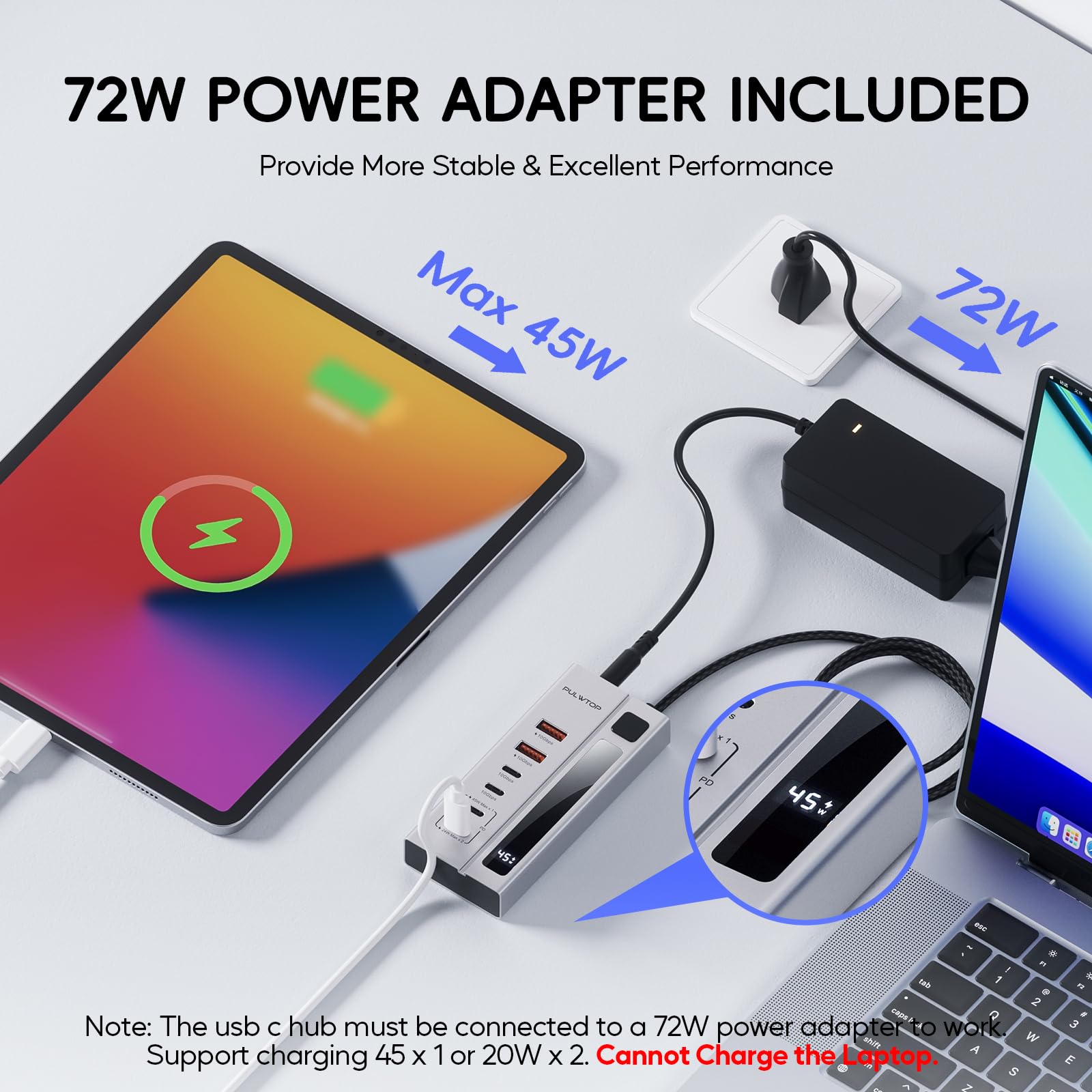 Powered Usb C Hub, Pulwtop Usb Hub Powered Support 10Gbps Data & Pd 45W Charging Not Support Video, 2Usb C 10Gbps Ports, 2Usb 3.