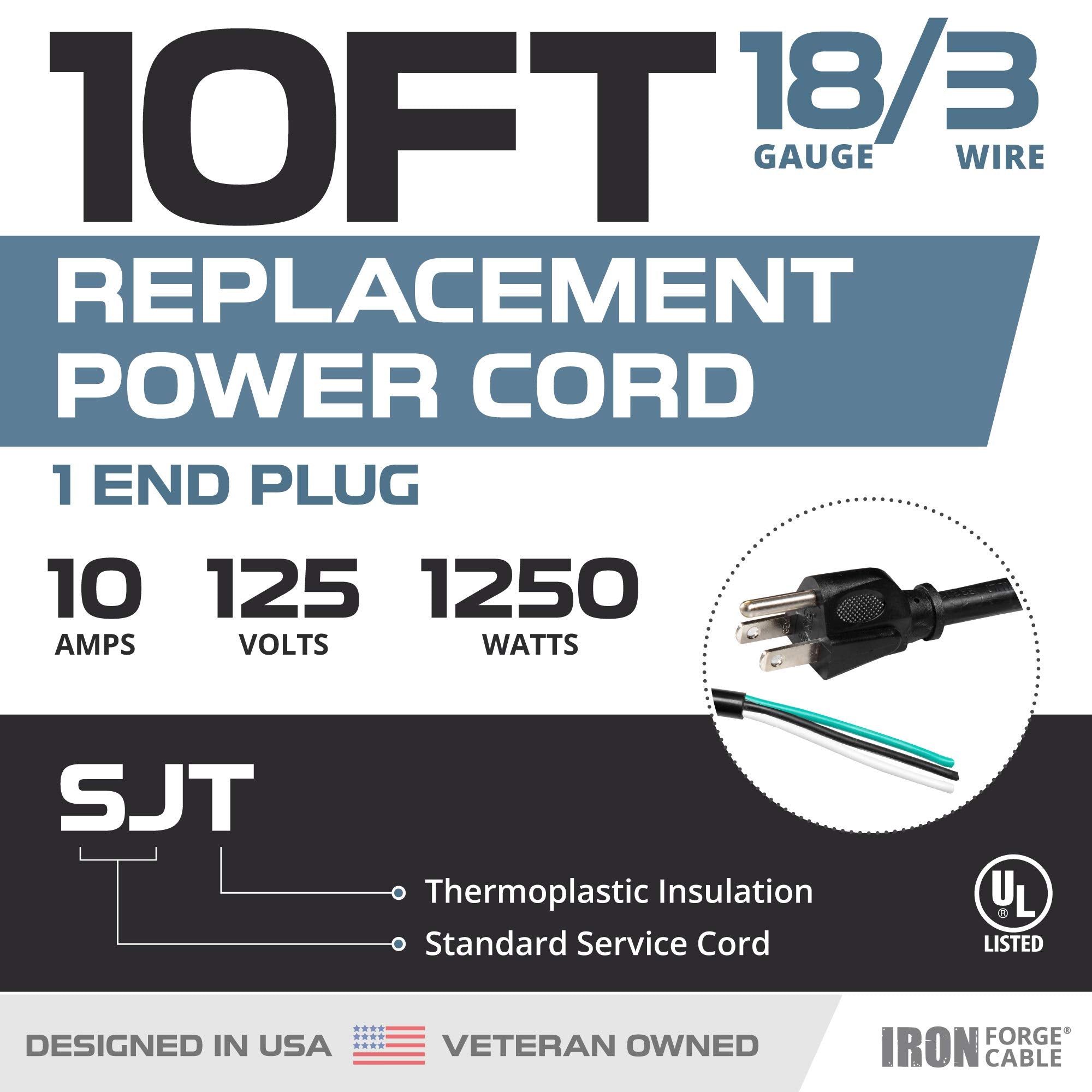 Iron Forge Cable 18 Awg Replacement Power Cord With Open End 10 Amp, 10 Ft Black Extension Cord, 18/3 Sjt, Nema 5 15P