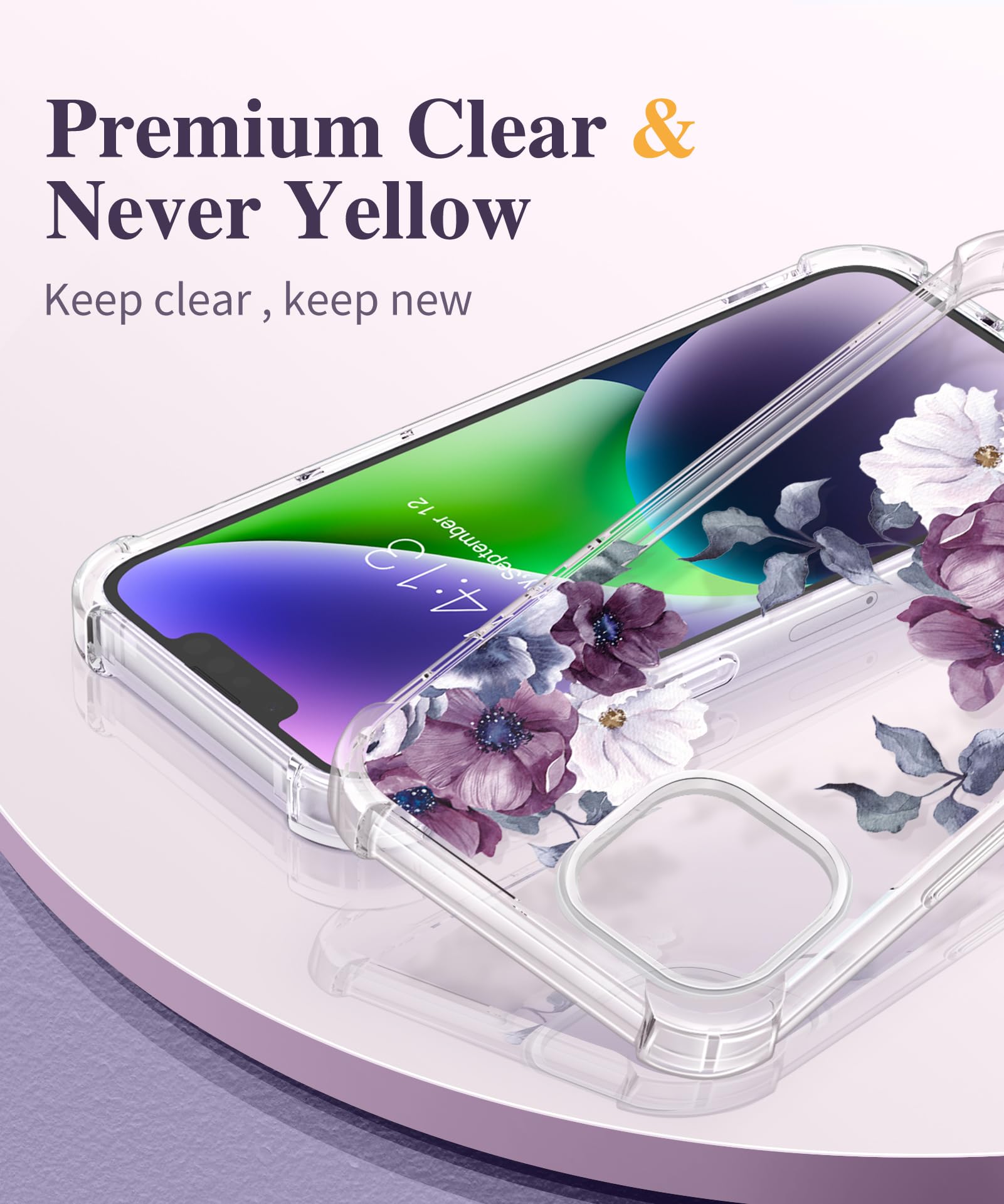Gviewin For Iphone 14 Case Floral, With Screen Protector + Camera Lens Protector,[Non Yellowing]Soft Shockproof Clear Phone Prot
