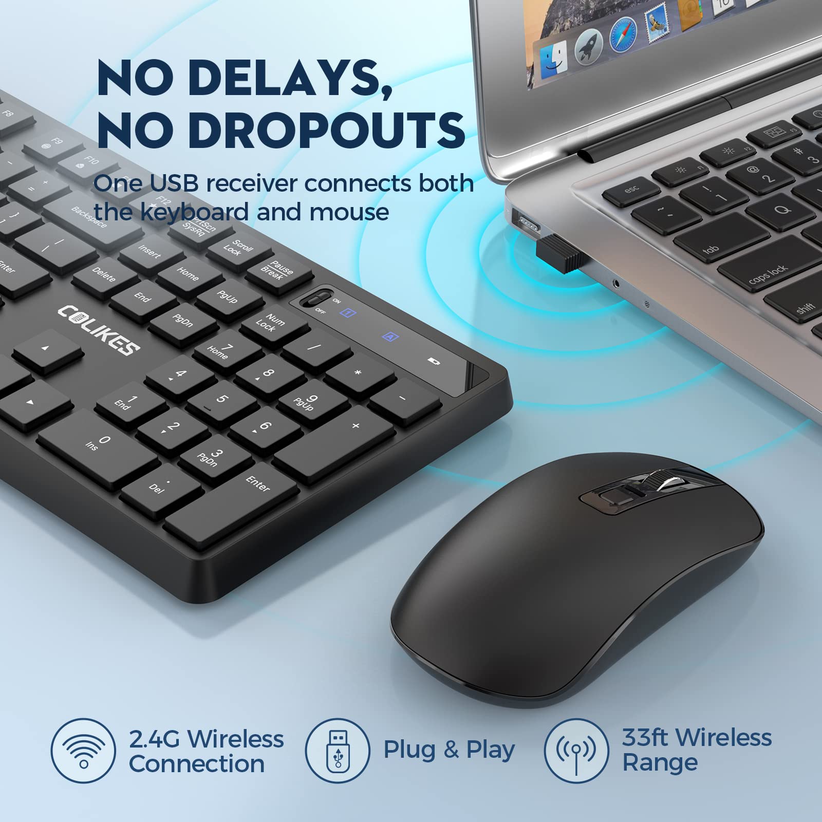 Wireless Keyboard And Mouse Combo, Colikes 2.4G Usb Cordless Mouse And Keyboard, 3 Level Dpi Slim Ergonomic Mouse, Responsive Pl