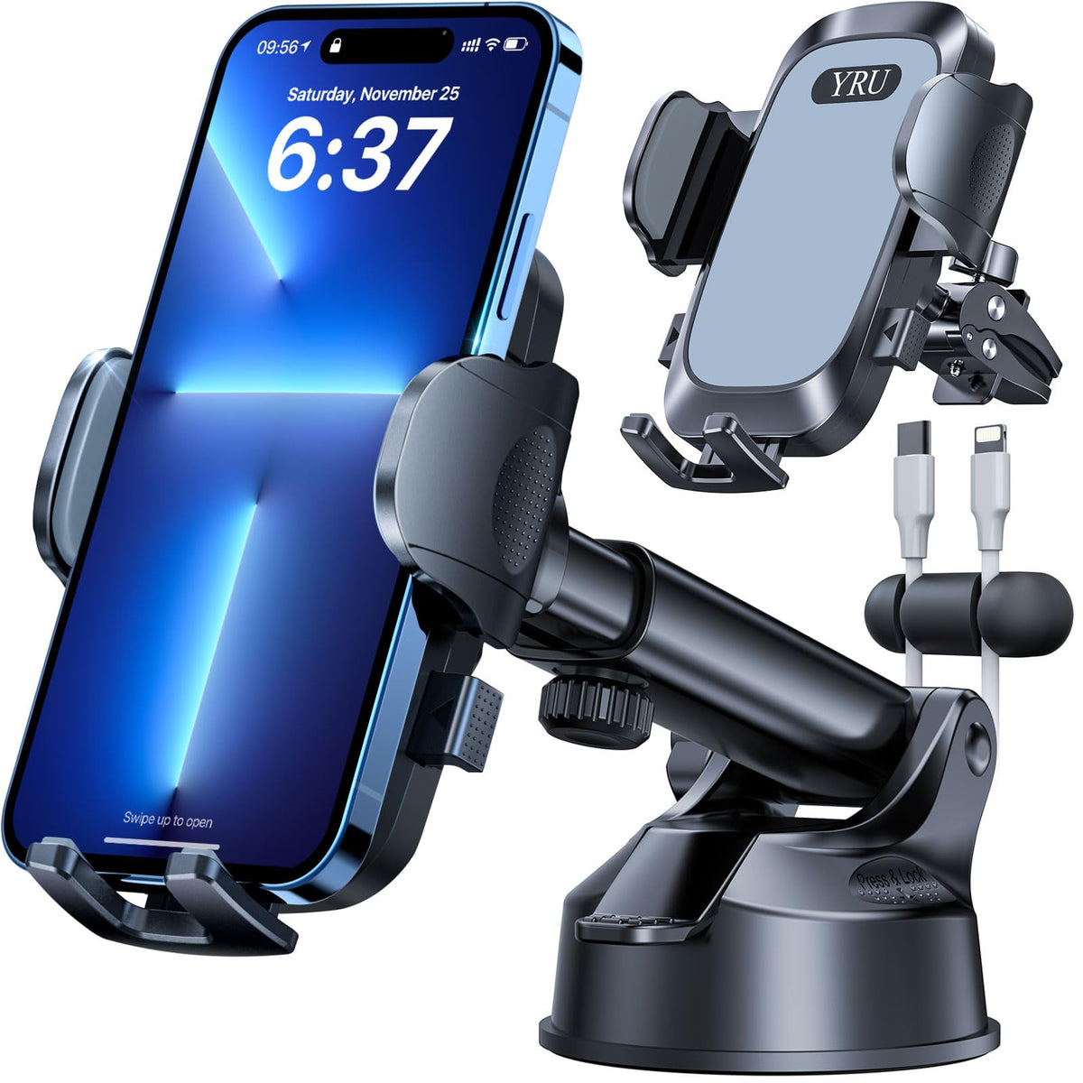 Yru [2024 Upgrade 80Lbs Strong Suction] Car Phone Holder Mount,[Bumpy Road Stable] Dashboard Cell Phone Holder For Car Air Vent Windshield Phone Stand For Iphone 15 14 13 Pro Max Samsung Truck, Grey