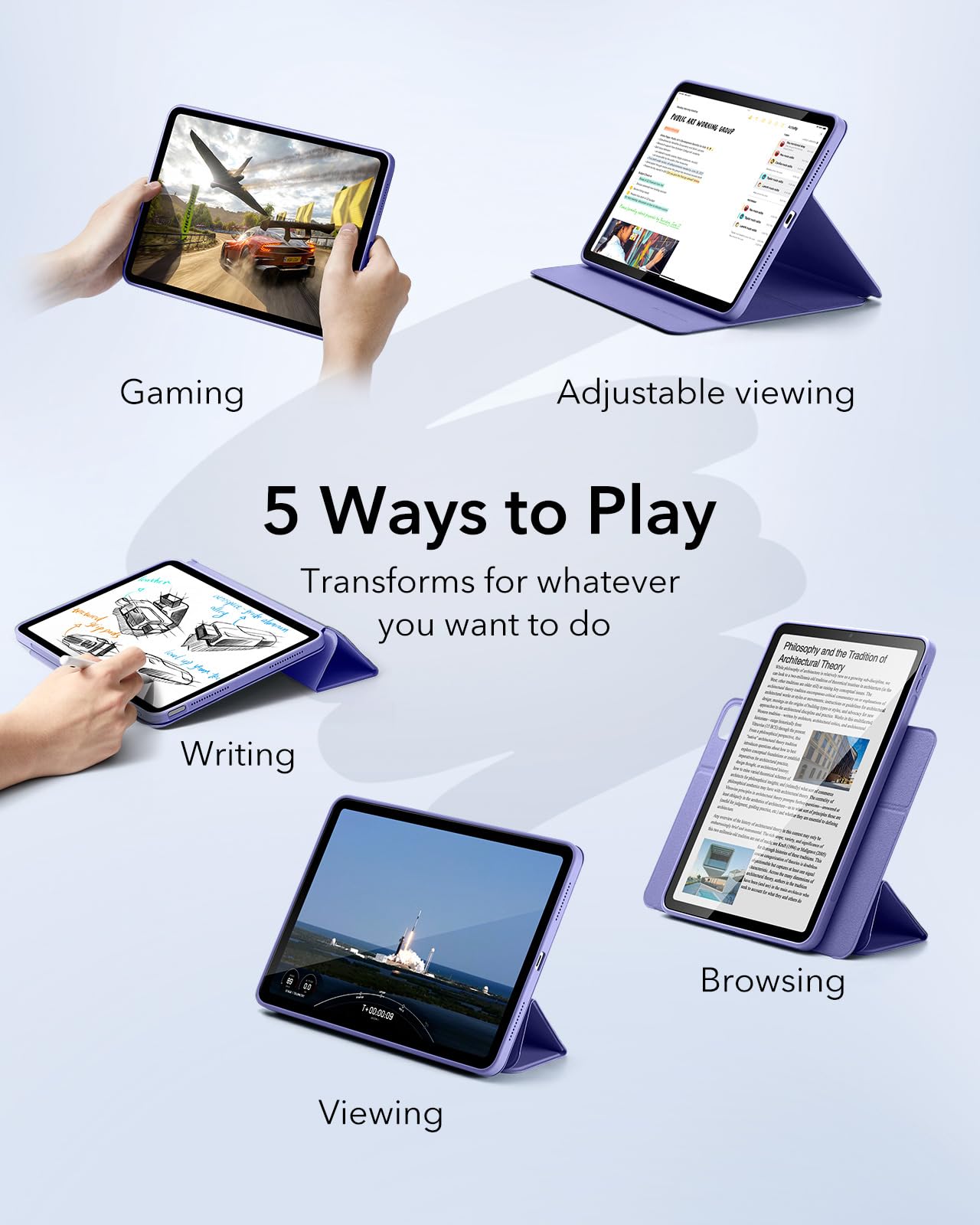 Esr For Ipad Air 11 Inch Case (2025) M3/M2, Ipad Air 7Th/6Th/5Th/4Th Generation Case (2024/2022/2020) 10.9 Inch With Pencil Holder, Removable Magnetic Cover, Vertical Stand, Rebound 360 Series, Purple