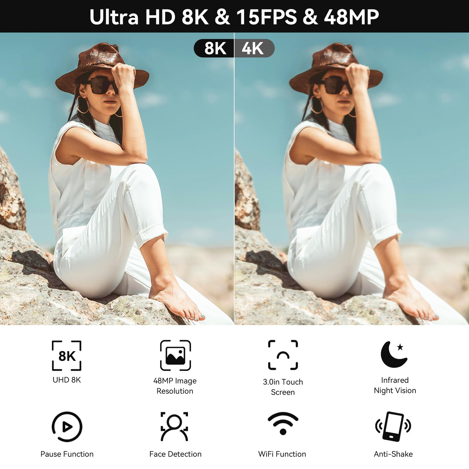 Video Camera, 8K 48Mp Camcorder With Ir Night Vision, Wifi Vlogging Camera Recorder For Youtube 3'' Touch Screen, 18X Digital Zo