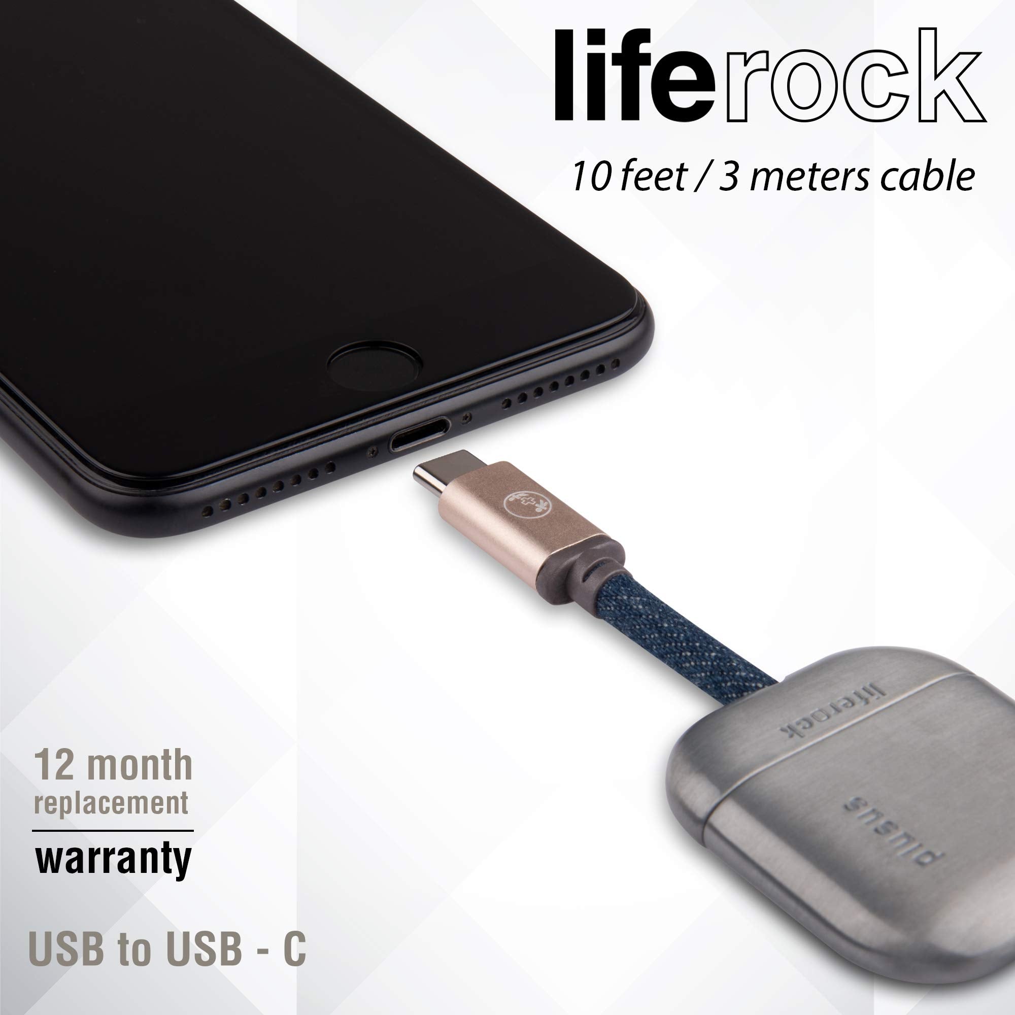 Plusus Liferock 10 Ft (3M) Extra Long Usb C To Usb Cable Handcrafted In Stitched Denim Featuring An Adjustable Alloy Weight