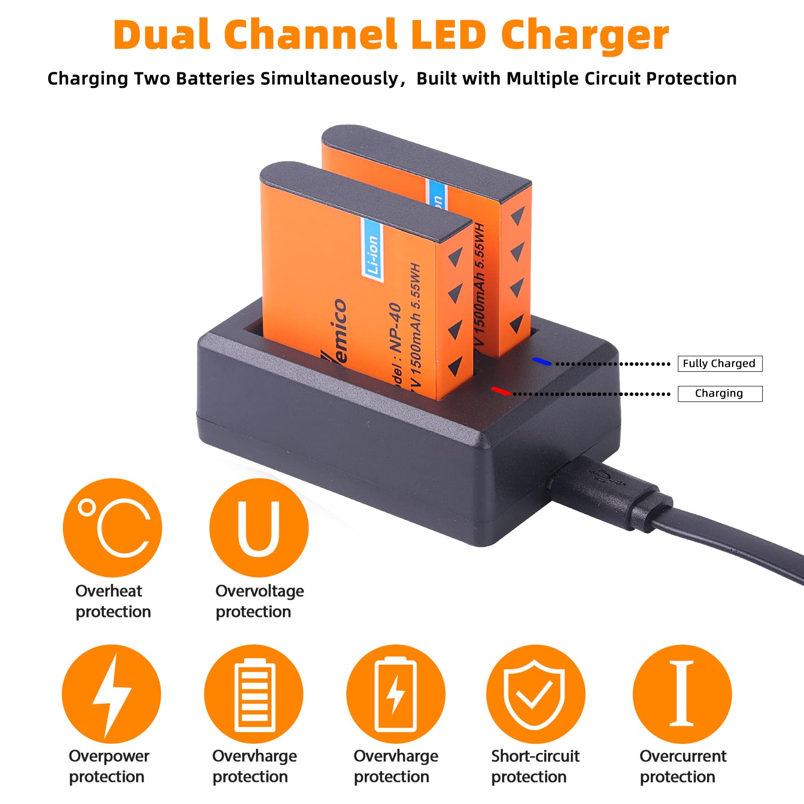 Vemico Np 40 Battery Charger Kits 3 Pack 1500Mah Camcorder Batteries Dual Charger For Video Camera Camcorders Casio Np 40,Kodak