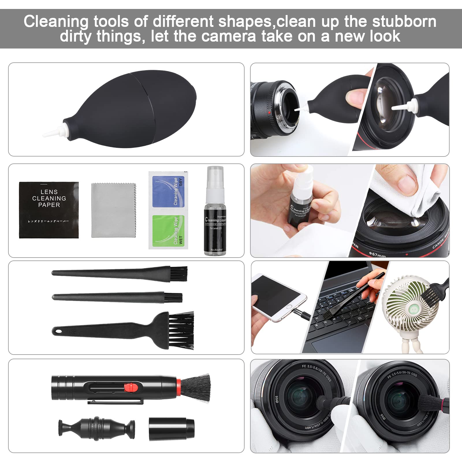 18 In 1 Professional Camera Cleaning Kit For Most Dslr Cameras (Canon, Nikon,Sony), With Air Blower/Cleaning Pen/Detergent/Clean