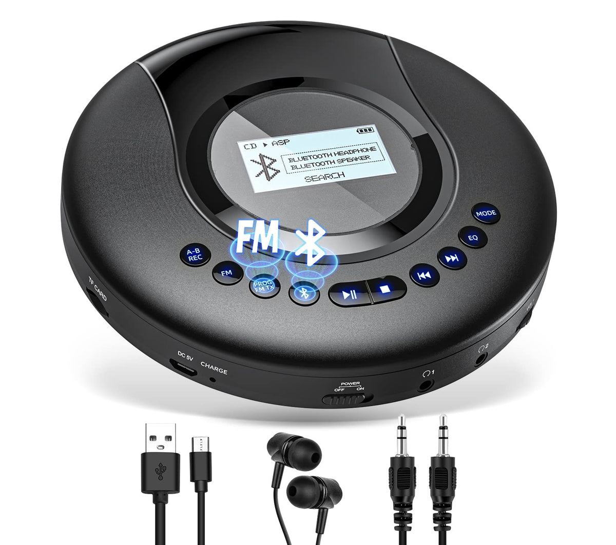 Cd Player Portable Arafuna, Portable Cd Player Bluetooth With Fm Radio, 2000Mah Rechargeable Cd Player For Car With Lcd Screen, Anti Shock Protection Walkman Cd Player With Headphone, Aux Cable