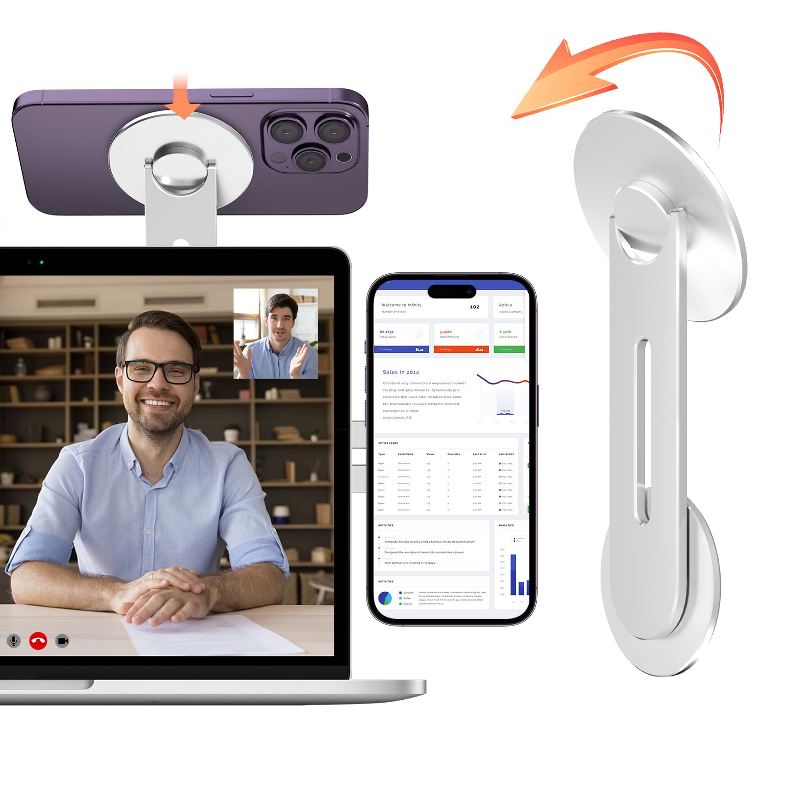 Imluckies [Upgraded] Magnetic Laptop Phone Holder, 180 Adjustable Continuity Camera Mount Clip Compatible With Magsafe For Iphon