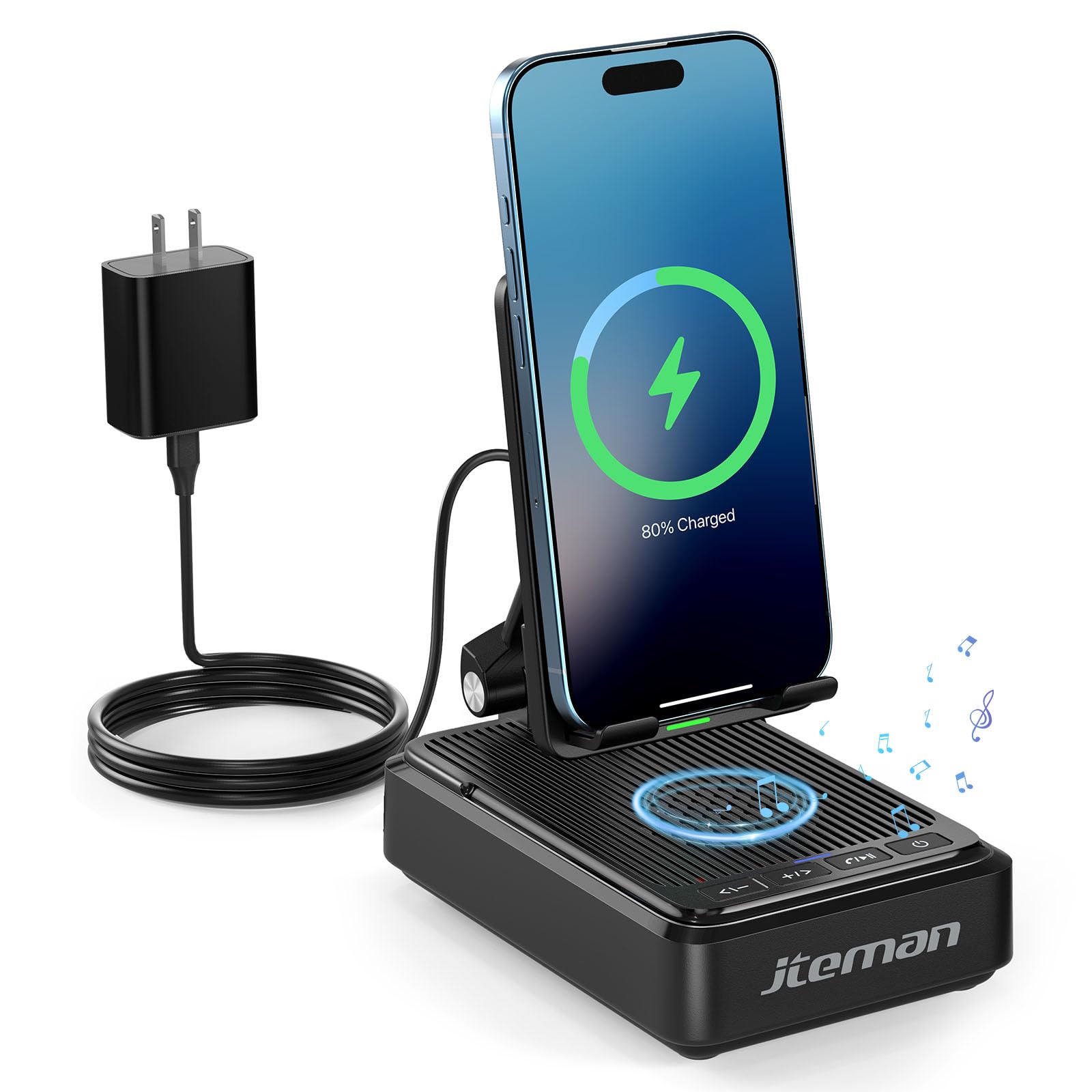 Jteman Cell Phone Stand with Bluetooth Speaker and Wireless Charger,Desktop Charging Station Stand Speaker for iPhone,Christmas 