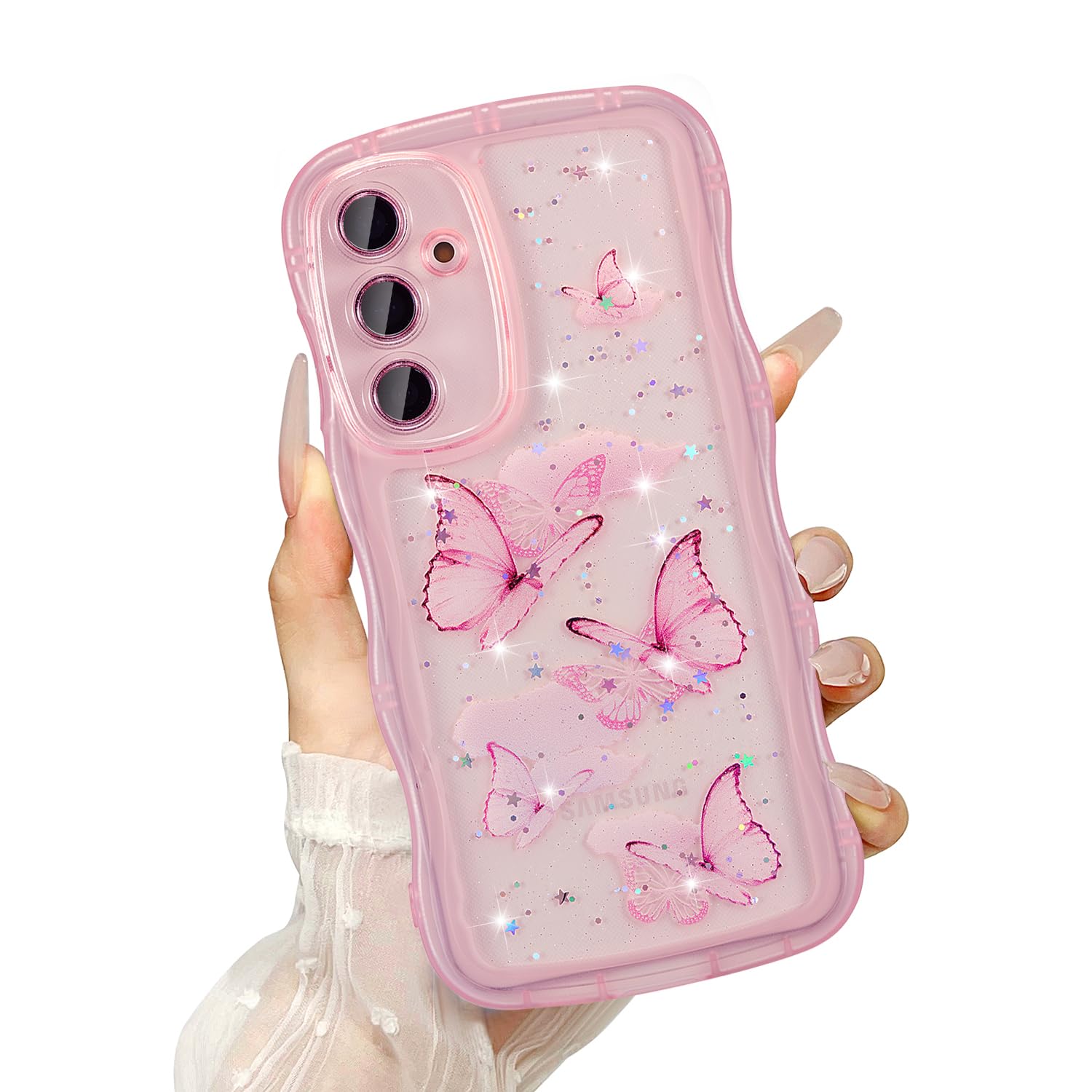 UEEBAI Wave Butterfly Case for Samsung Galaxy S20 FE Case, Pretty Bling Star Butterfly for Women Cute Shiny Glitter Phone Cover 