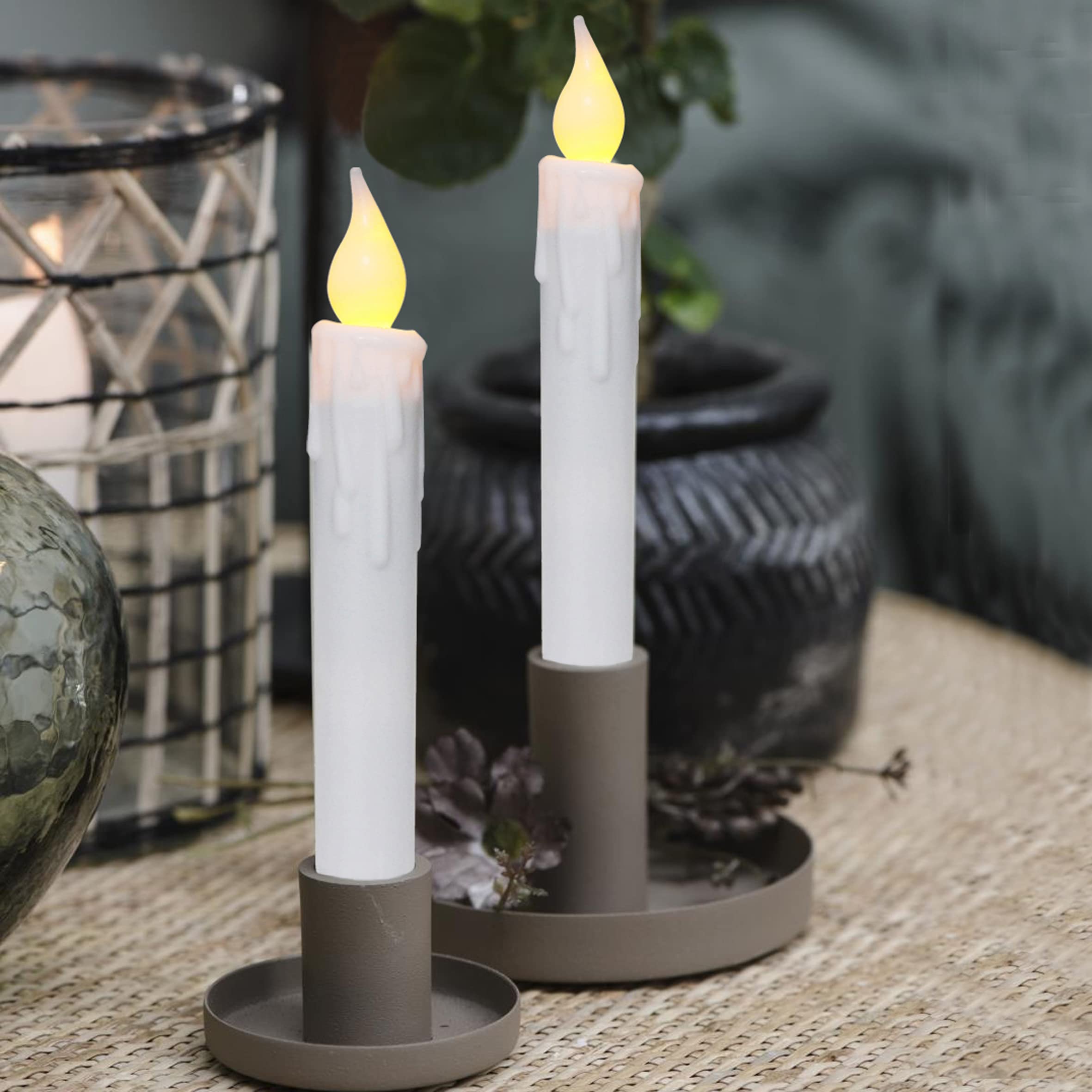 Cvhomedeco. Flickering Taper Candles Led Drip Flameless Candles, Battery Operated With Timer, White, 6 3/4 Inch, Set Of 4