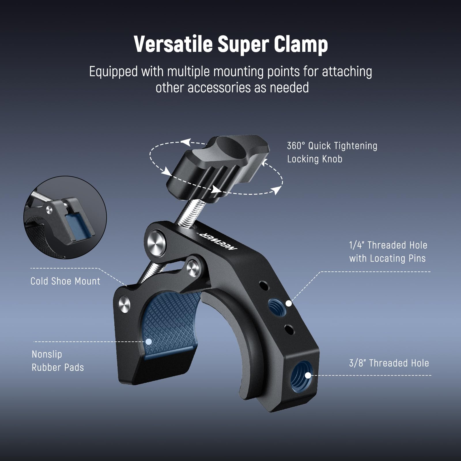 Neewer Super Clamp With Cold Shoe And Threaded Holes 1/4'' 3/8'', Max Load 2Kg, Crab Shaped Clamp Holder For Most Photography Ac