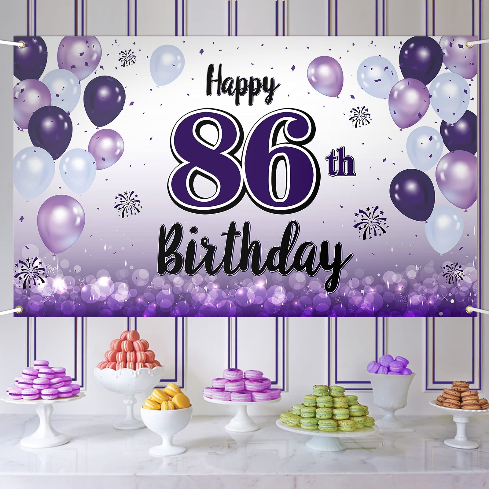 Laskyer Happy 86Th Birthday Decorations,86Th Purple Balloon Large Birthday Banner Backdrop Sign,86 Years Old Bday Party Supplies