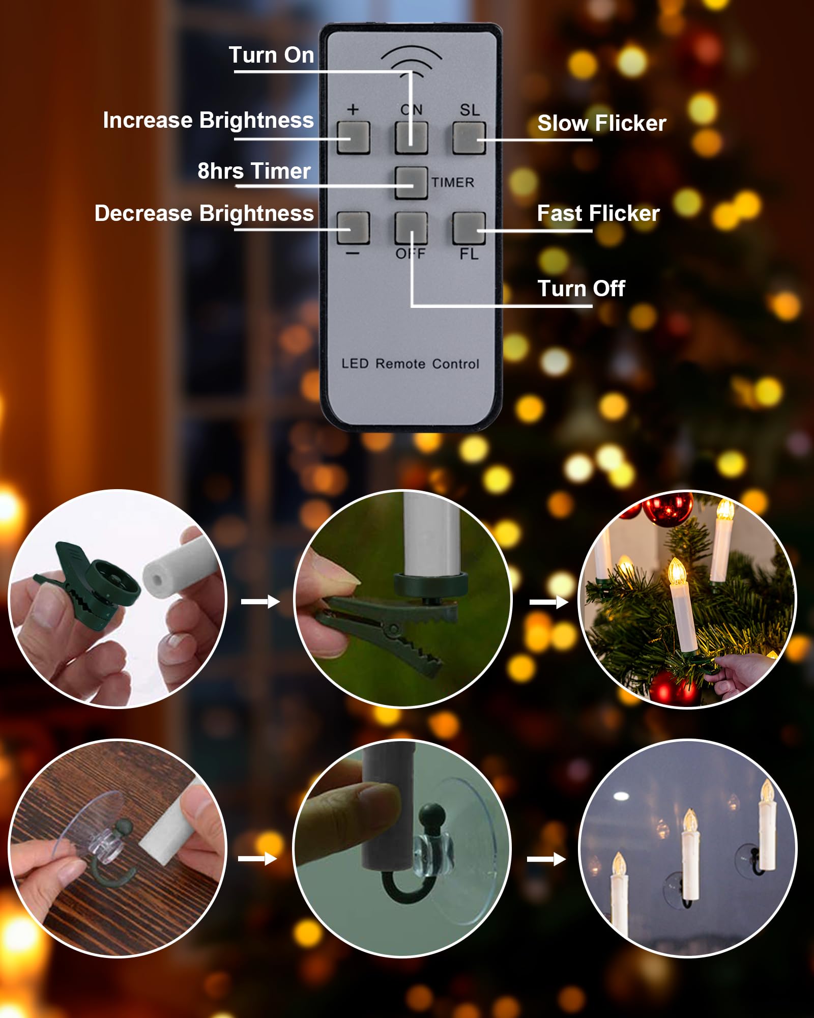 Homemory Led Christmas Candles, 8 Hour Timer, 4 Inch Diameter, Battery Operated, Warm White Light, Plastic Material, 10 Pack
