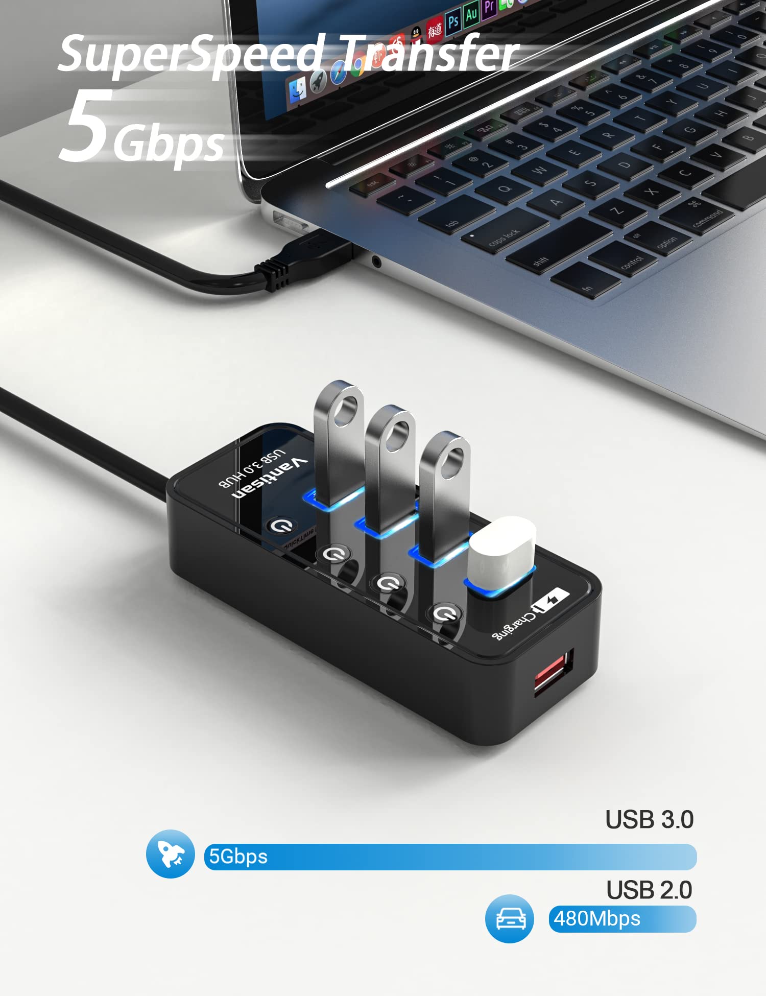 Vantisan Powered Usb 3.0 Hub, Usb Extension 4 Port Usb Hub Splitter (4 Usb 3.0 Data Ports+1 Smart Charging Port) With 5V/3A Powe