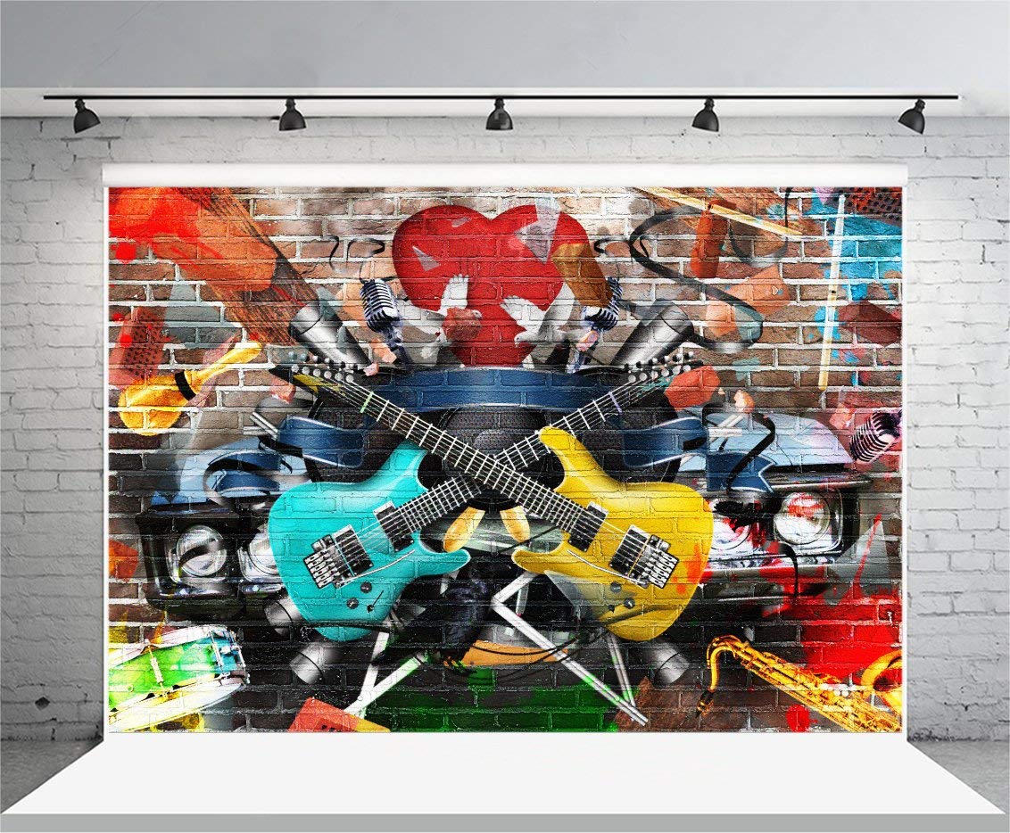 AOFOTO 7x5ft Rock and Roll Music Guitar Backdrop Graffiti Brick Wall Grunge Punk 80s 90s Discos Concert Hip Hop Photography Back