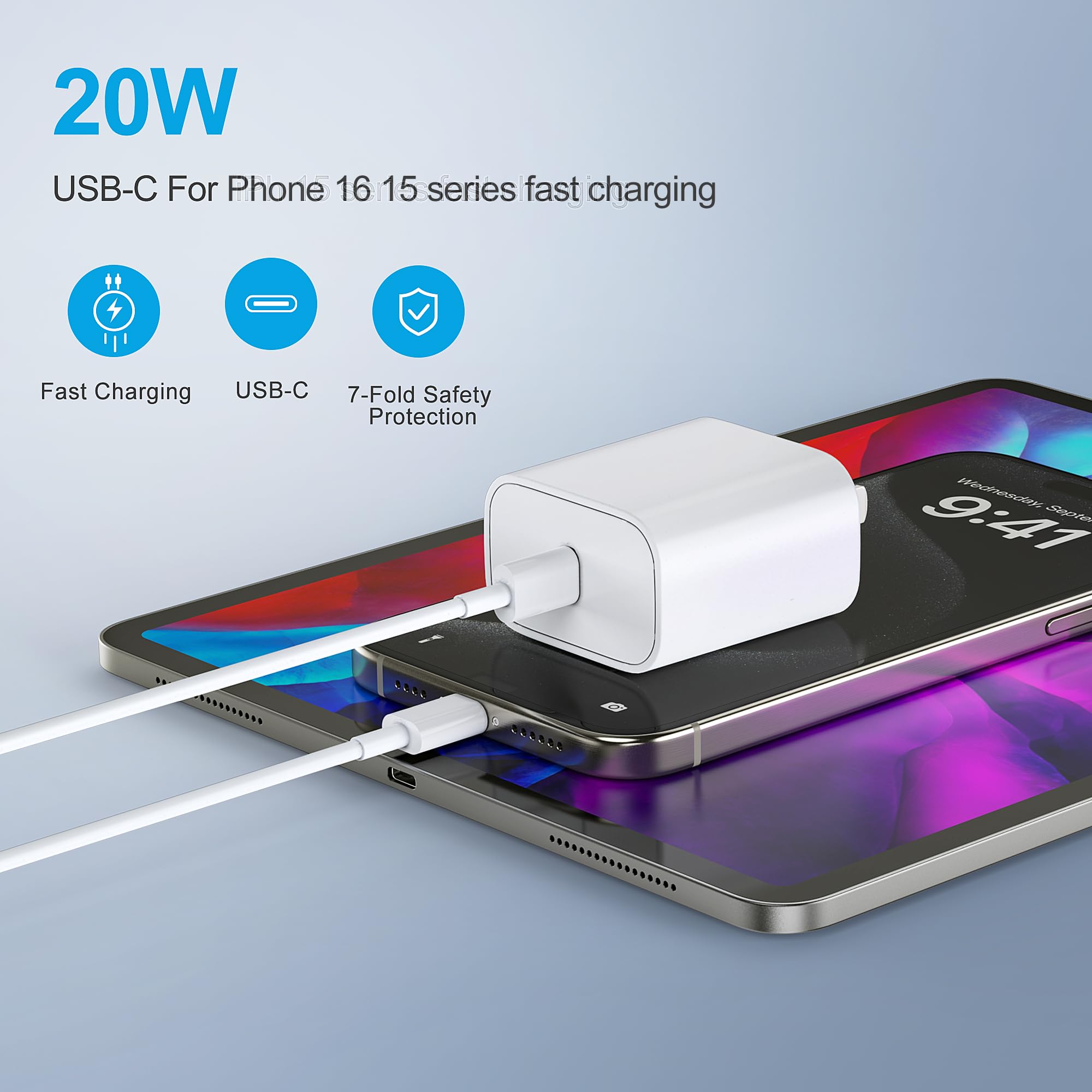 Jozashon For Iphone 16 15 Charger Fast Charging,20W For I Pad Usb C Fast Charger With 3Pack 10Ft Usb C Wall Charger Block For Ip