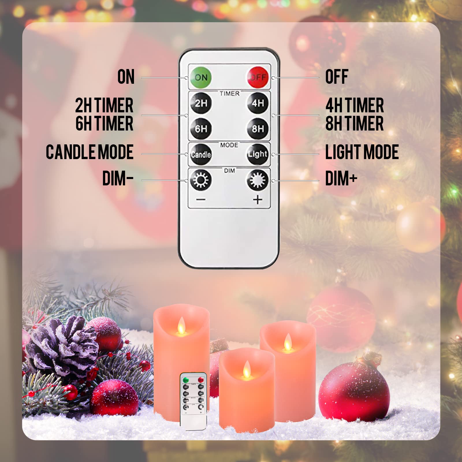 Flameless Led Battery Operated Flickering Candles: 4'' 5'' 6'' Set Of 3 Pink Real Wax Pillar Dancing Flame 10 Key Remote Control