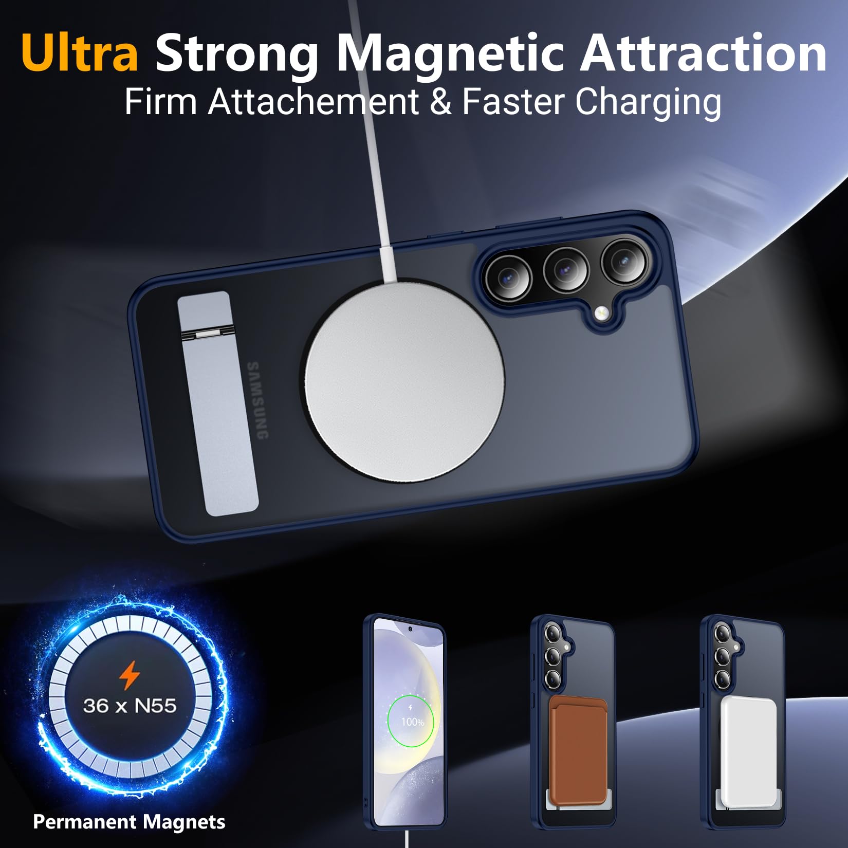 Spidercase Magnetic For Samsung Galaxy S24 Case,Built In Invisible Kickstand With 2Pcs Tempered Glass Screen Protectors Shockpro