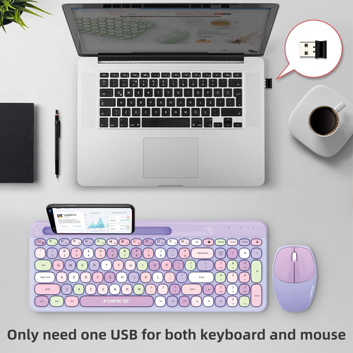 Fopett 2.4Ghz Wireless Keyboard And Mouse Set With Phone Holder   Compact Full Size Keyboard   Compatible With Windows/Laptop/Pc