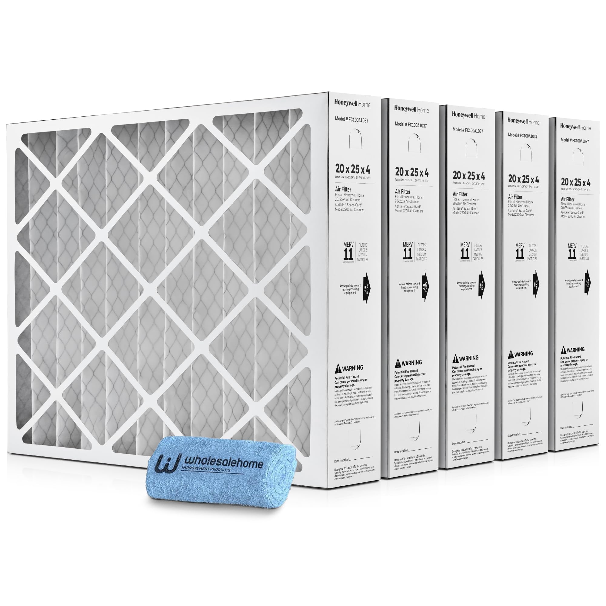 Honeywell 20X25X4 Air Filter Replacement Merv 11, Fc100A1037 Pleated Hvac Ac Furnace Filters With Wholesalehome Cleaning Cloth, 