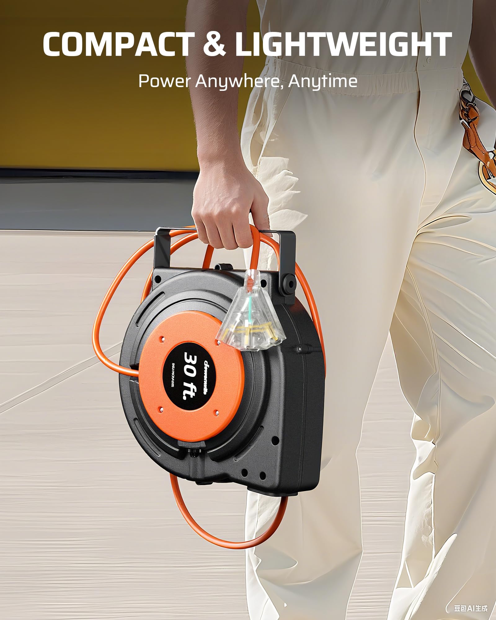 Dewenwils 30Ft Retractable Extension Cord Reel, 16/3C Sjtw Heavy Duty Power Cord, Lighted Triple Outlets, 10A Circuit Breaker, L