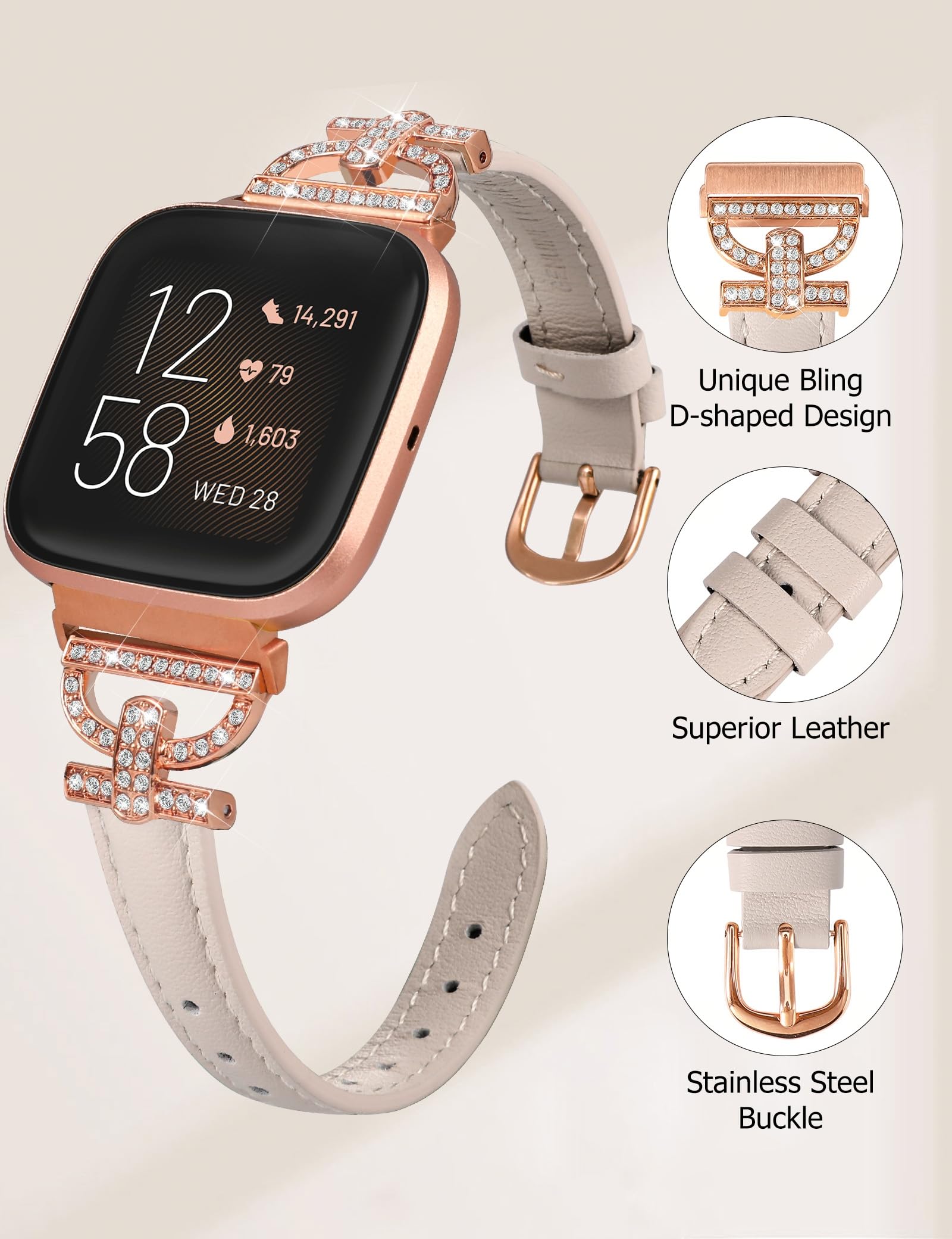 Minyee Leather Bands Compatible With Fitbit Versa 2/Fitbit Versa/Versa Lite Band Women, Dressy Slim Thin Leather Strap With D-Sh
