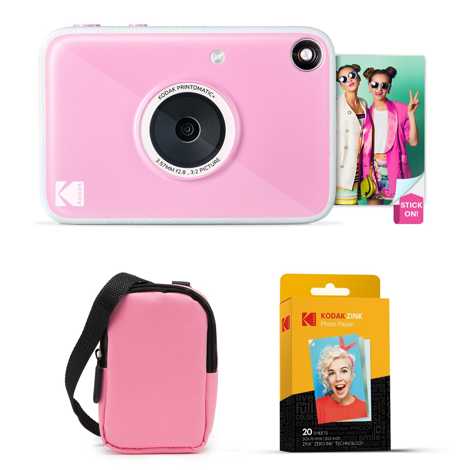 Kodak Printomatic+ Instant Print Digital Camera Starter Bundle + Carrying Case (Pink) + Zink 20pk Sticky-Back Photo Paper - 10MP