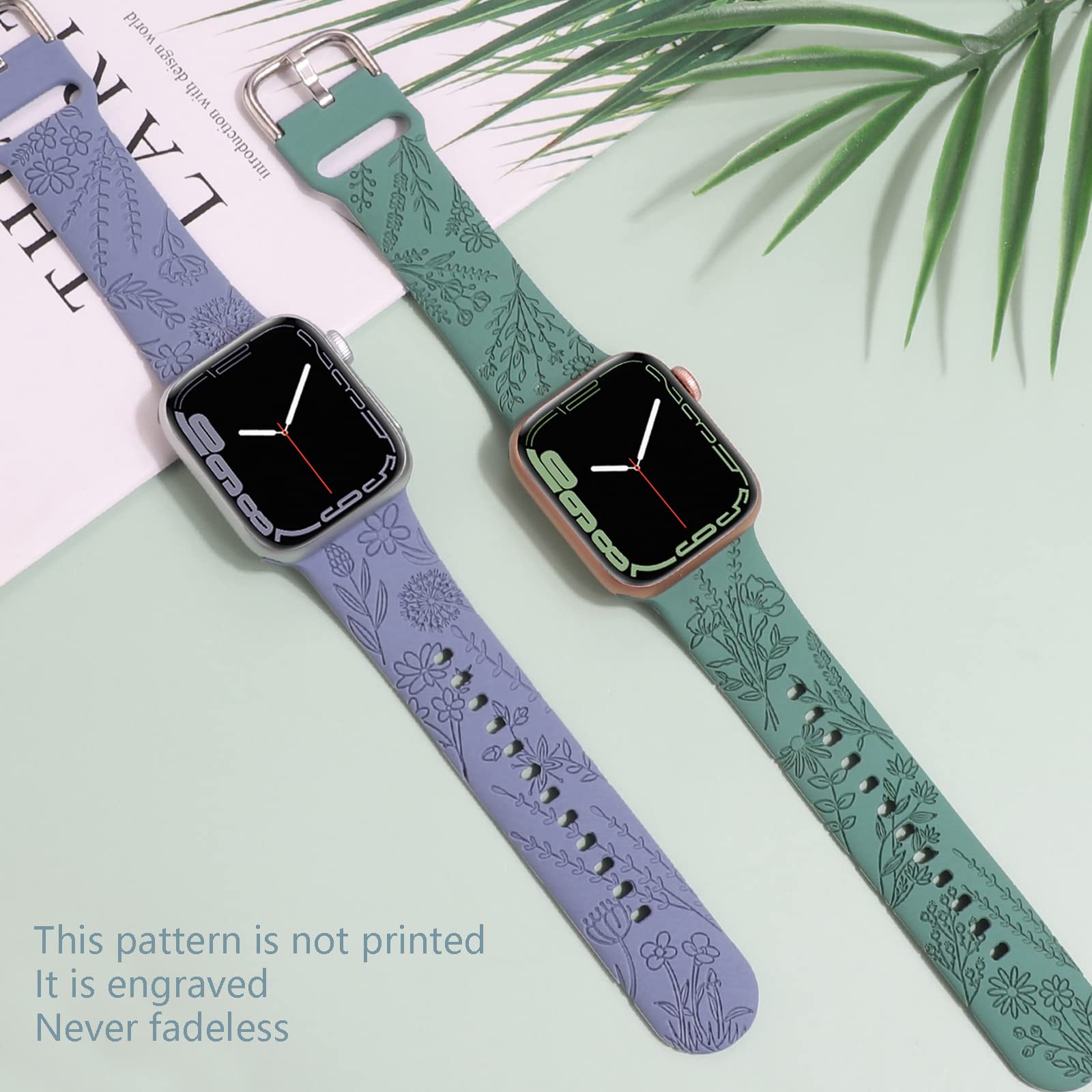 Flower Engraved Silicone Band Compatible With Apple Watch Bands 38Mm 40Mm 41Mm, Cute Women Wildflowers Floral Design Soft Sport Strap Replacement Wristbands For Iwatch Series 8 7/Se/6/5/4/3/2/1 (42/44/45Mm, Green Lavender)