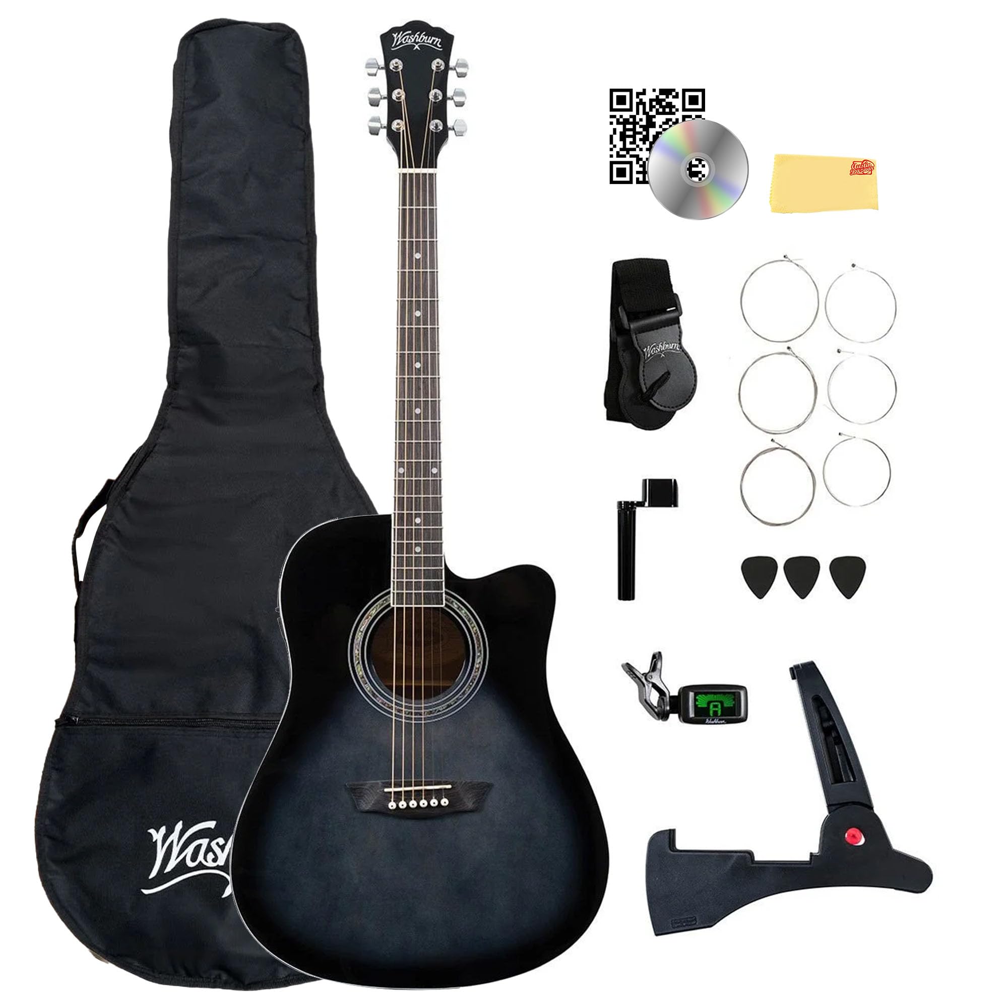 Washburn WA90CE Acoustic-Electric Guitar Kit - Black Bundle with Gig Bag, Strap, Picks, Strings, Stand, Instructional DVD and Au