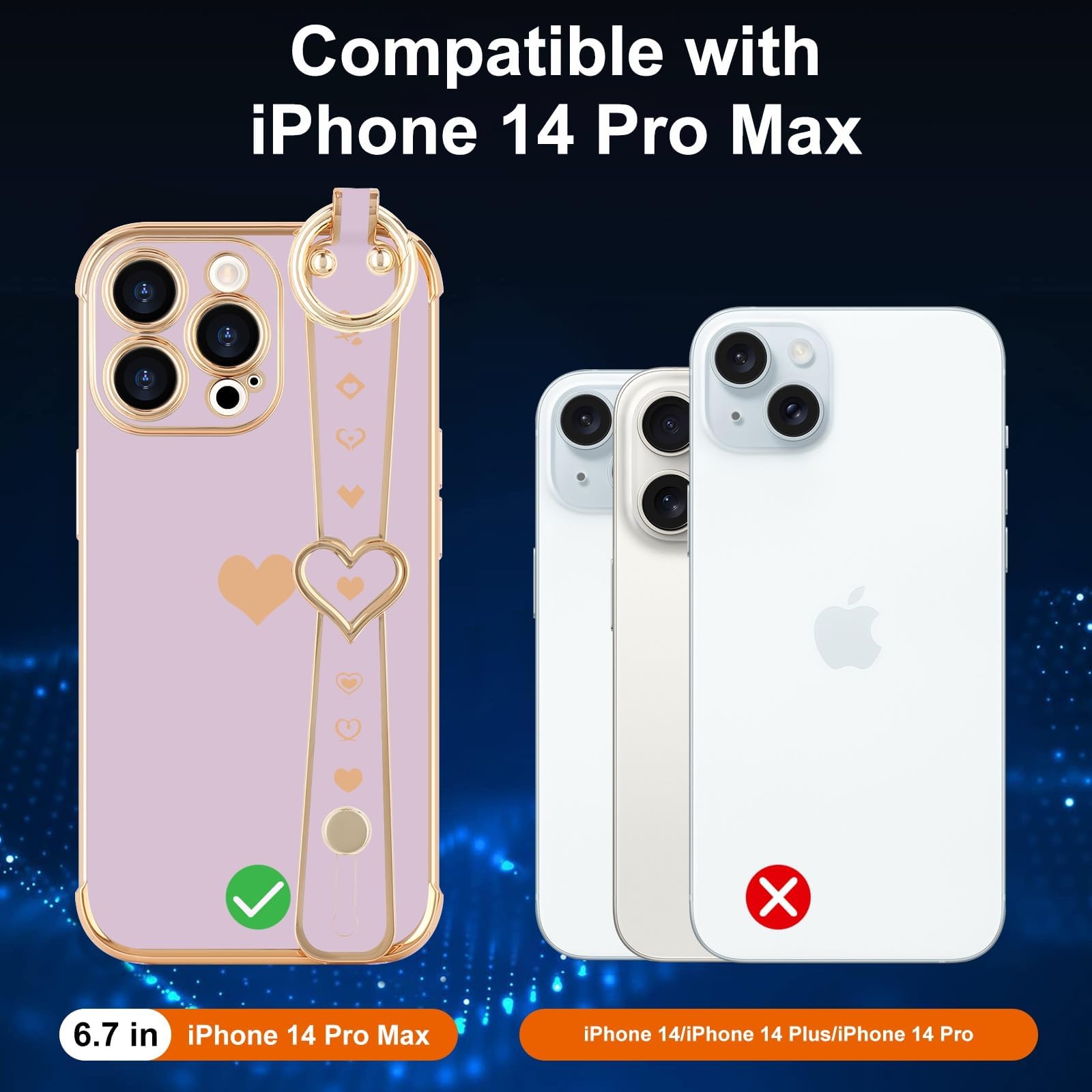 Llz.Coque For Iphone 14 Pro Max Case Cute Love Heart Plating Strap Phone Cover For Women Girls Bling Silicone Camera Lens Protec