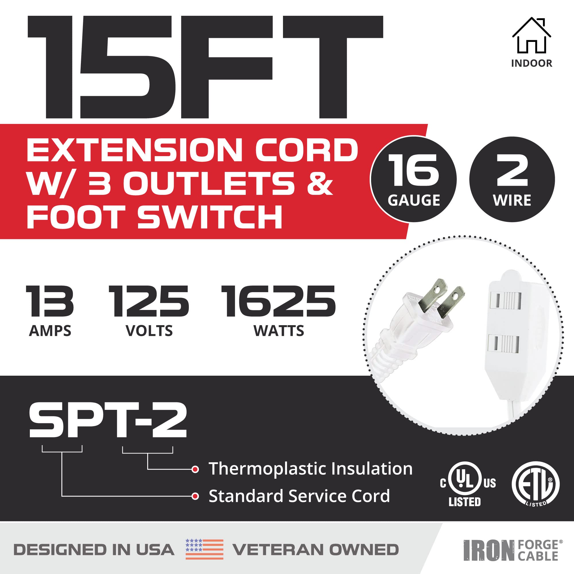 Iron Forge Cable 15 Ft Extension Cord With Foot Switch And 3 Electrical Power Outlet   16/2 Durable White Foot Tap Extension Cor