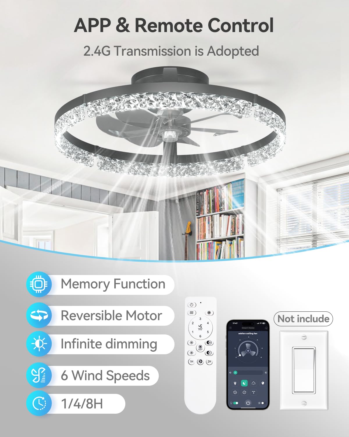 Addlon Ceiling Fans With Lights And Remote, 20 Low Profile Ceiling Fans, 3000-6000K Dimmable Modern Flush Mount Led Fan Light,