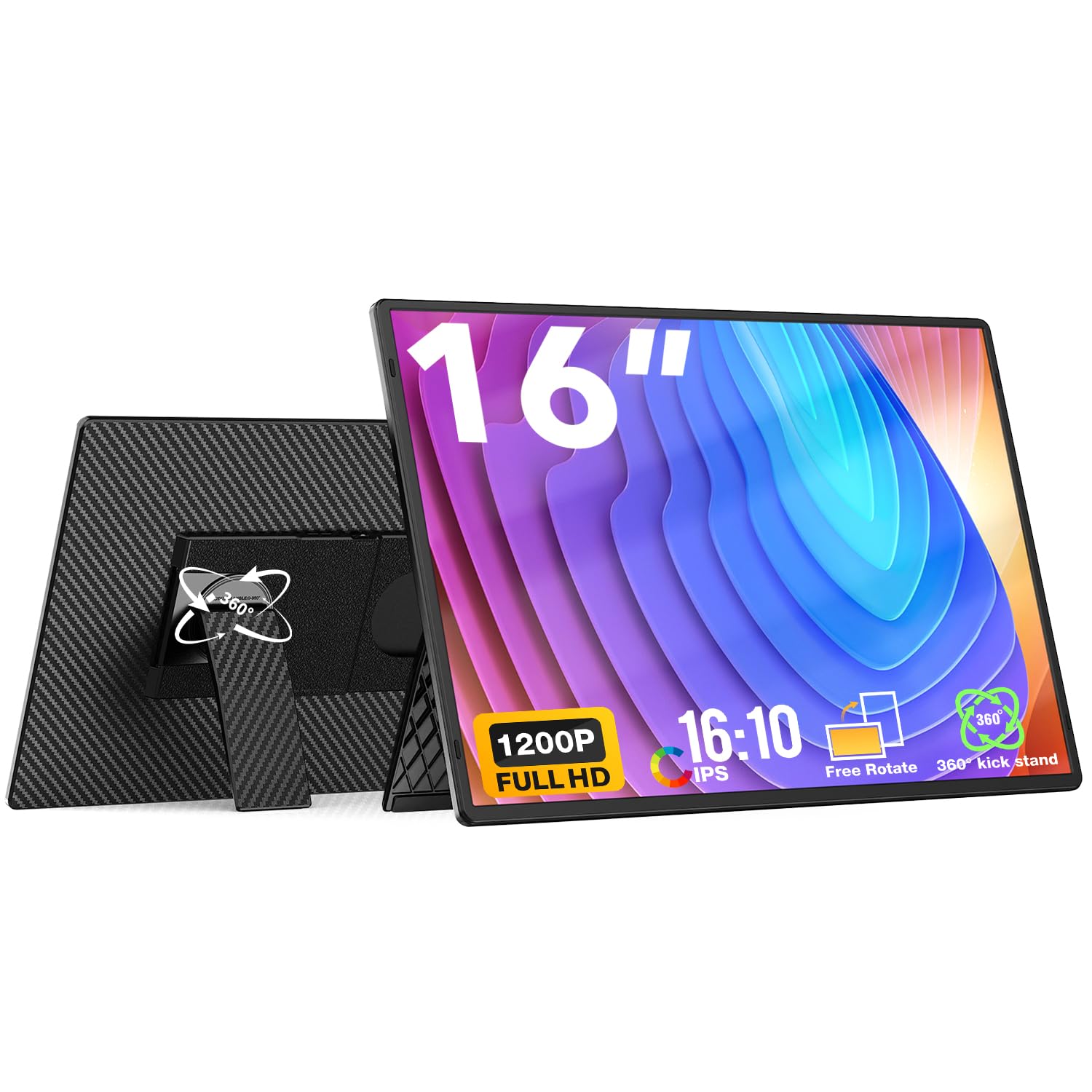 Flytocca Portable Monitor, 16 Inch Fhd 1200P, 360? Rotating Detachable Stand, Plug&Play Travel Monitor For Laptop, Ultra Thin Ze