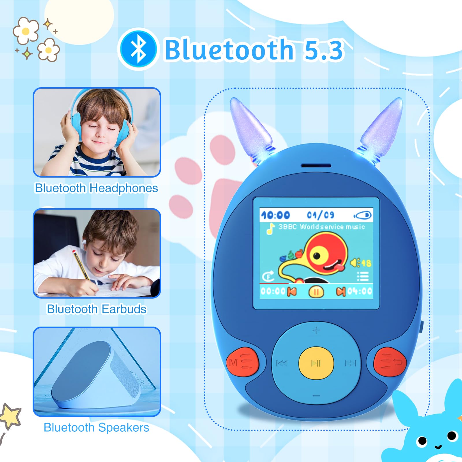 Blukasa 64Gb Mp3 Player For Kids, Kids Mp3 Player With Bluetooth, Front Speaker, Games, Recorder, Ear Lights, Alarm, Kids Music