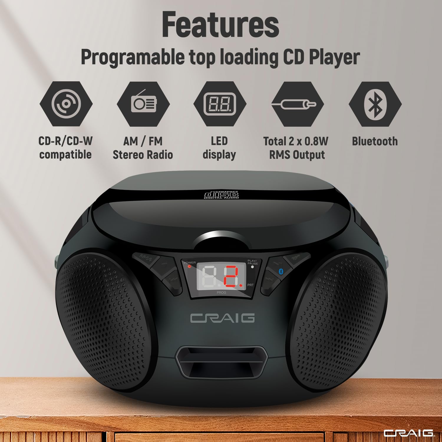 |Craig Cd6925 Portable Top Loading Stereo Cd Boombox With Am/Fm Stereo Radio | Bluetooth Wireless (Black, Bluetooth) | No Headph