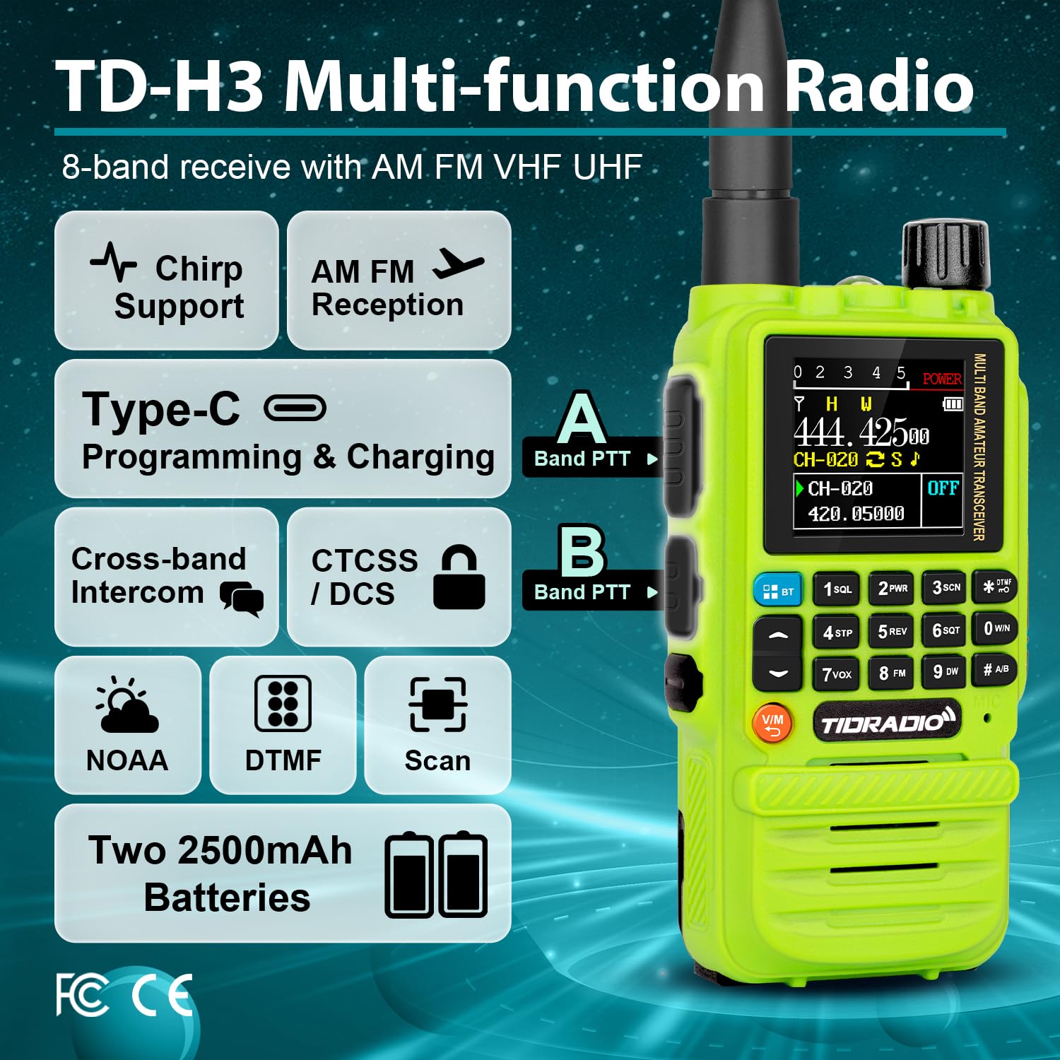Tidradio Td H3 Ham Radio Handheld, Long Range Radios With Usb C Programming & Charging, Air Band, Two Way Radios With 2500Mah Ba
