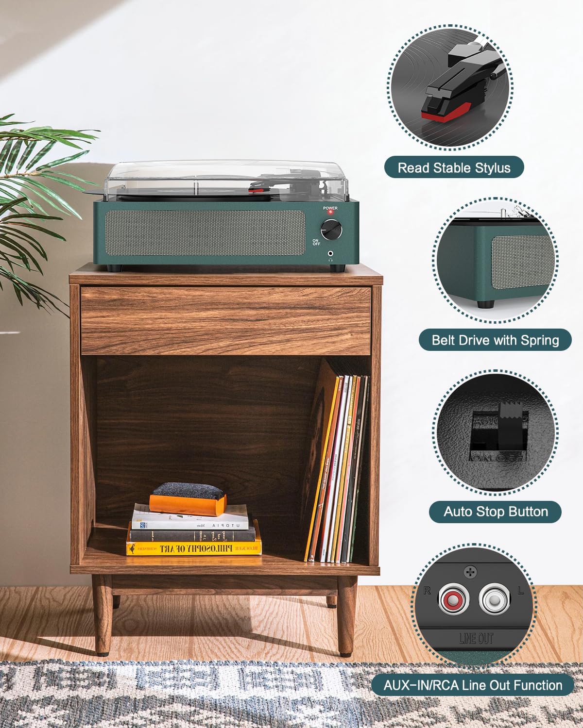 seasonlife R608 Record Player Turntable 3-Speed Bluetooth Stereo Speakers Auto Stop Plastic Dark Blue for 7/10/12 inch Vinyl