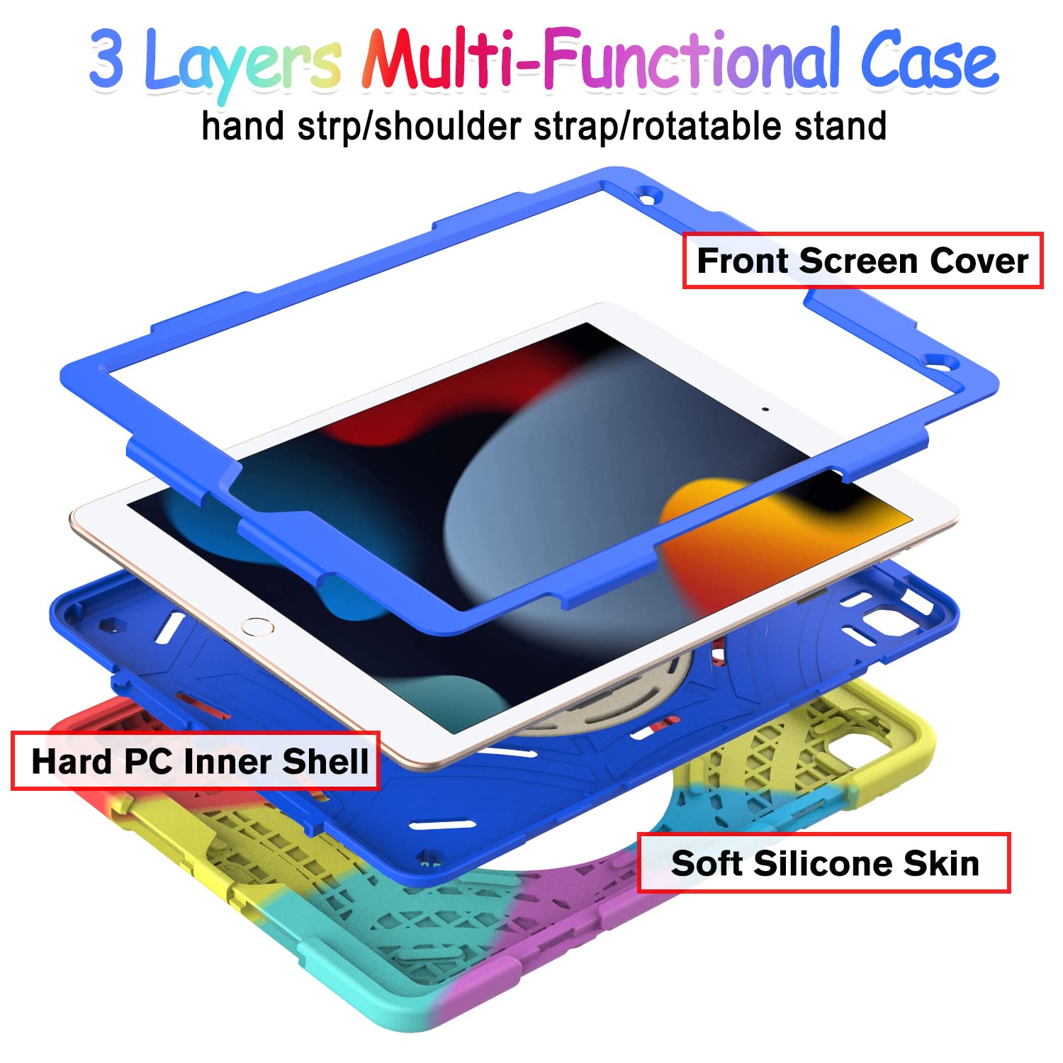 Bmouo Ipad 9Th/8Th/7Th Generation Case   Ipad 10.2 Case 2021/2020/2019 With Screen Protector, 360 Rotating Stand Hand & Shoulder