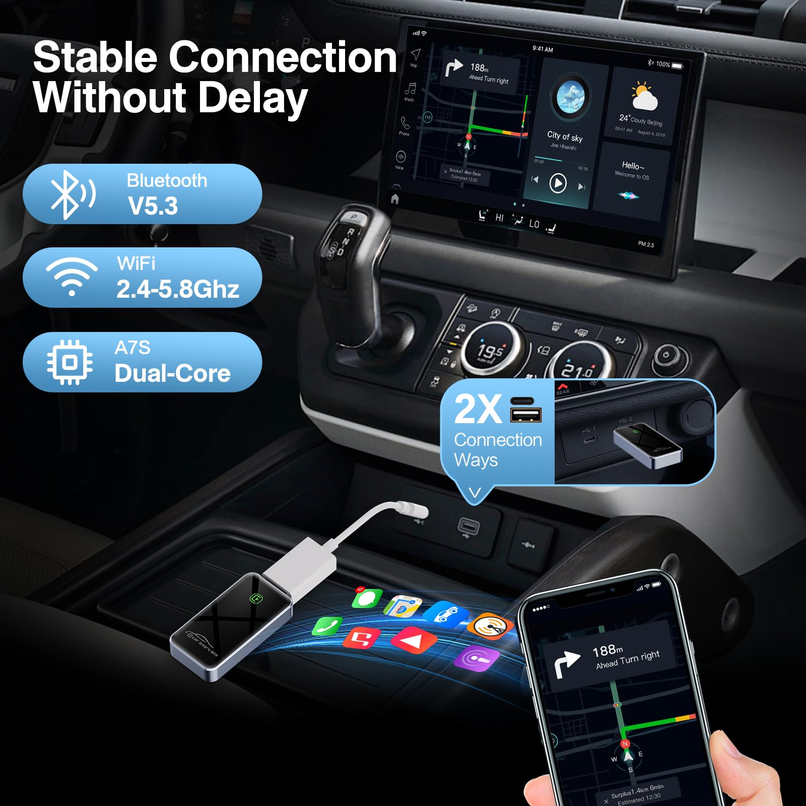 Wireless Carplay Adapter For Apple   2024 Slim Edition, Plug & Play Connection Converts Factory Wired To Wireless Carplay Adapte