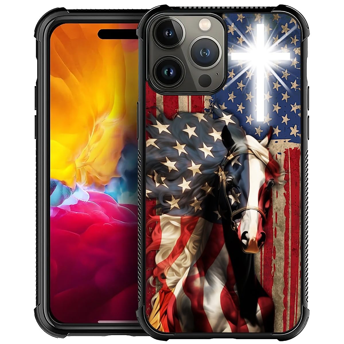 Fkbrcl4U For Iphone 15 Pro Case, Red American Flag Horse Cross Pattern Graphic Design Girl Boy Soft Silicone Hard Acrylic Shock 