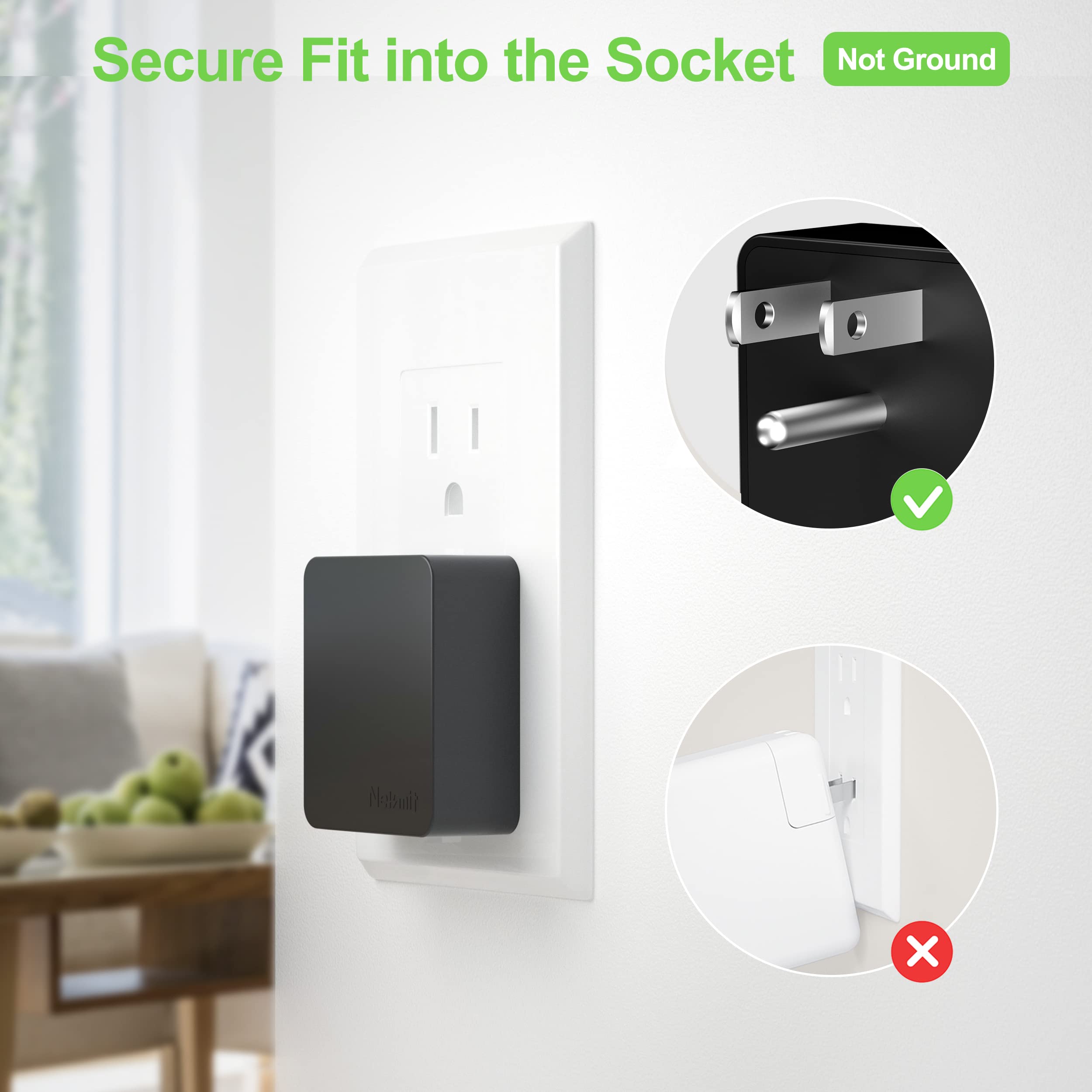 Nekmit Dual Port Ultra Thin Flat Usb Wall Charger With Smart Ic, Black