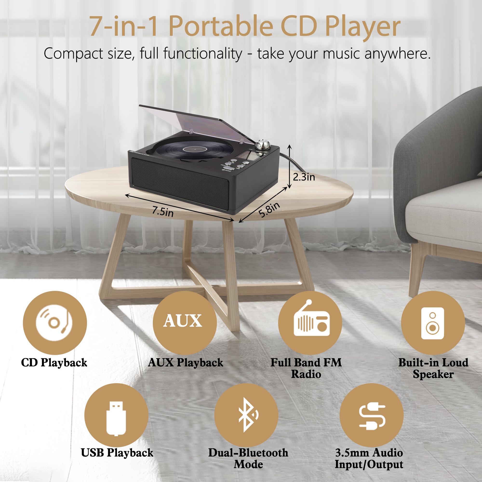 M-Amazup Cd Player Portable, Desktop Cd Players For Home With Rechargeable Battery, Dual Speakers, Support Opt/Usb/Tf Card/Aux/F