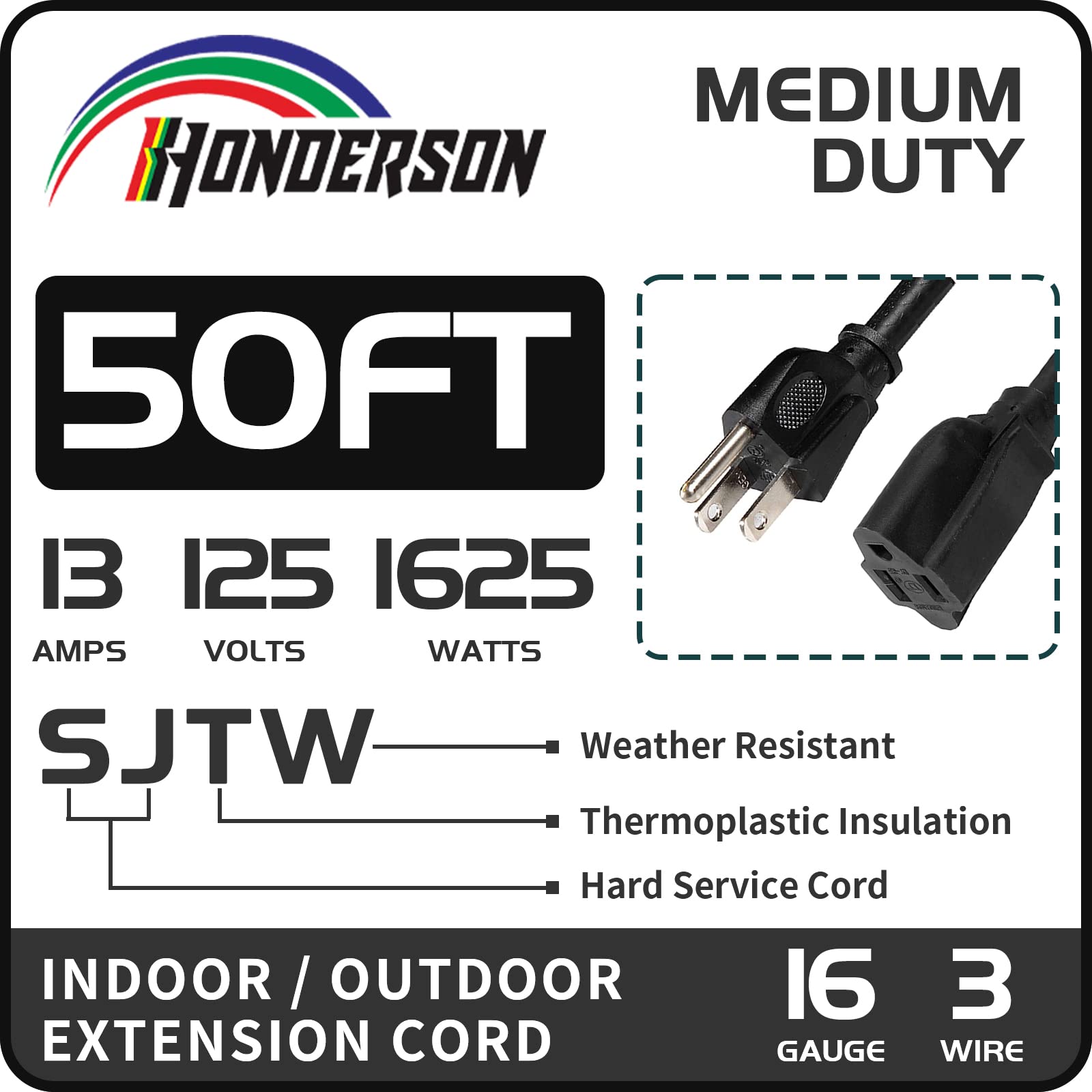 Honderson 50Ft Outdoor Extension Cord 16/3 Sjtw Durable Black Extension Cable With 3 Prong Grounded Plug For Safety,Great For Ou