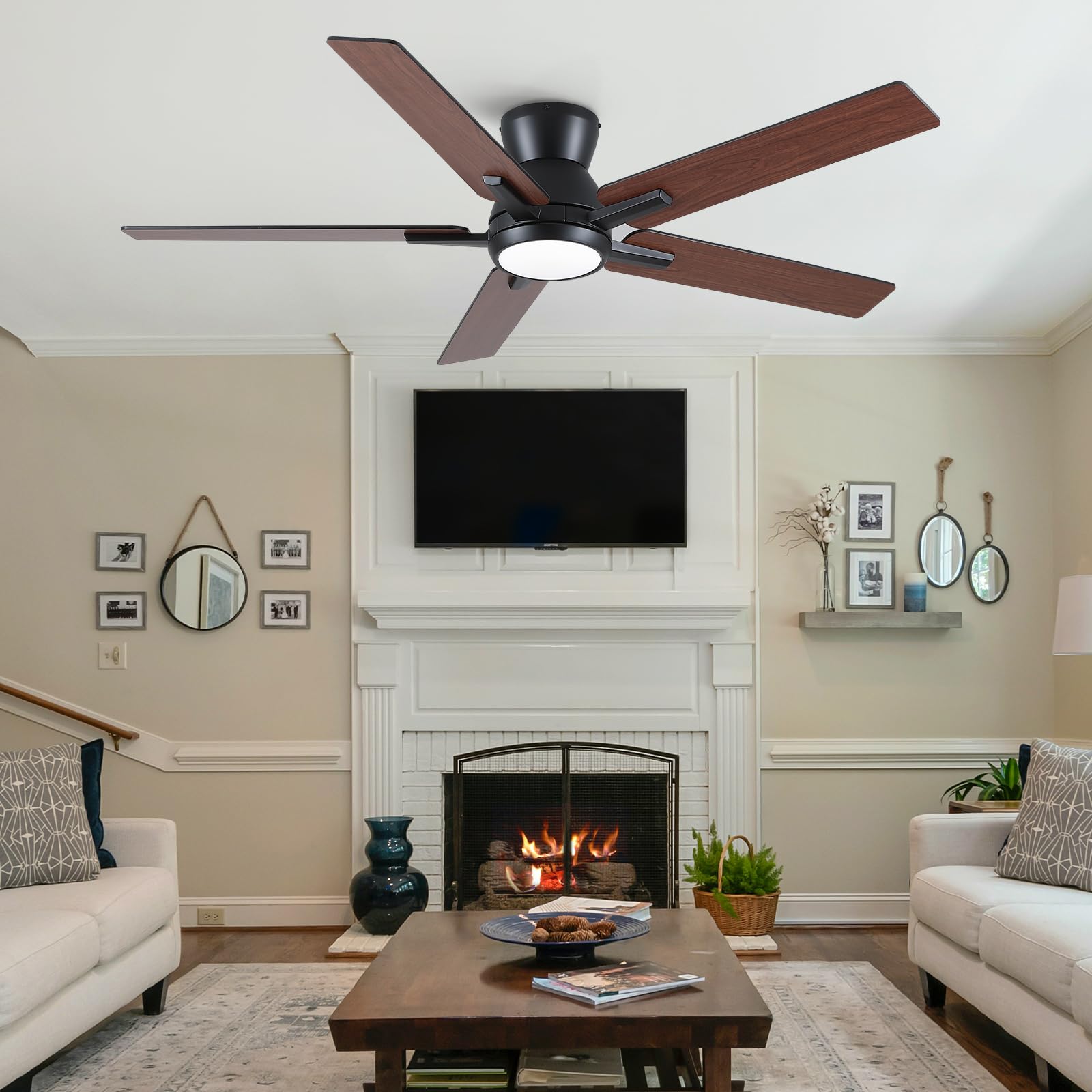 52 Inch Ceiling Fans With Lights,Black Low Profile Ceiling Fan With Light And Remote Control,Flush Mount,6 Speed Reversible Dc M